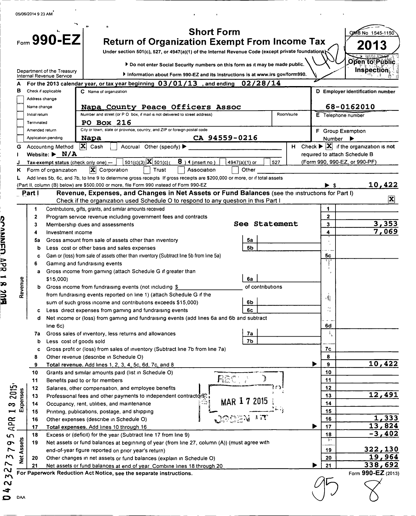 Image of first page of 2013 Form 990EO for Napa County Peace Officers Association