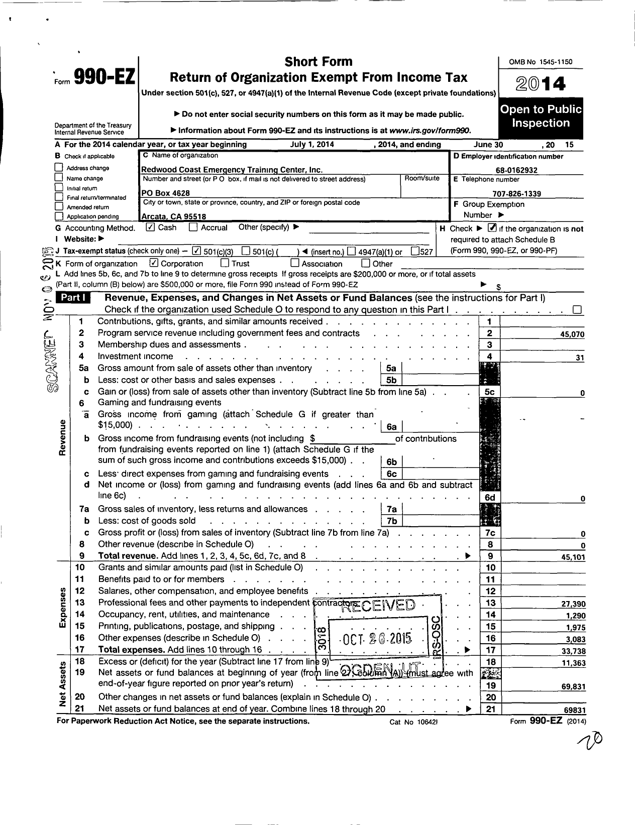 Image of first page of 2014 Form 990EZ for Redwood Coast Emegency Training Center