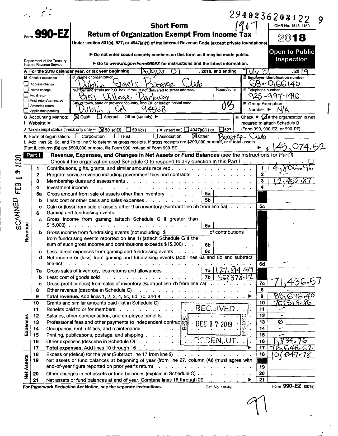 Image of first page of 2018 Form 990EZ for Dublin Gaels Booster Club