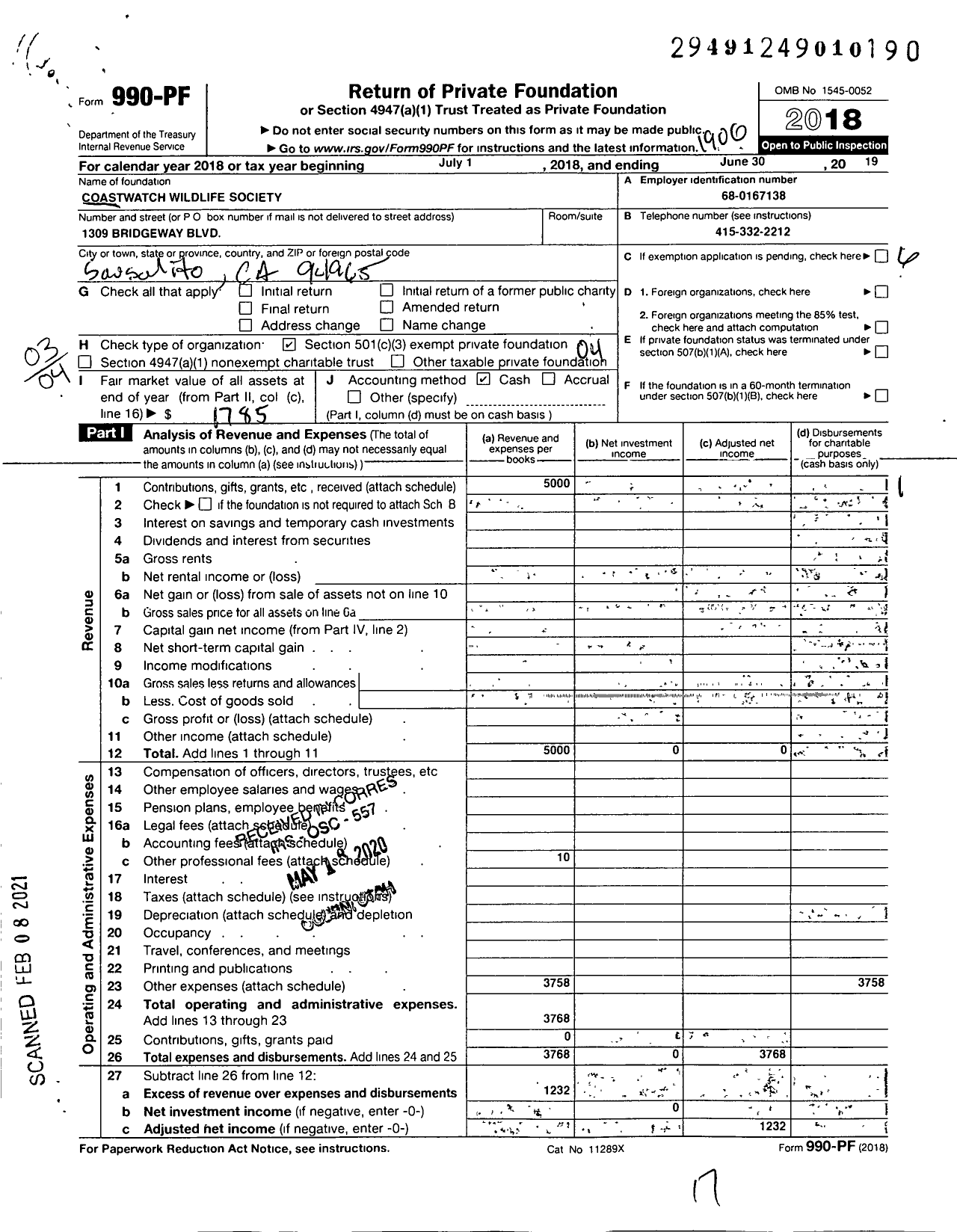 Image of first page of 2018 Form 990PF for Coastwatch Wildlife Society