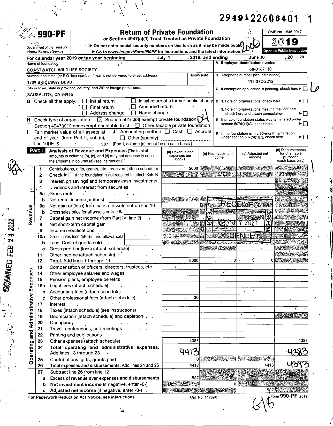 Image of first page of 2019 Form 990PF for Coastwatch Wildlife Society