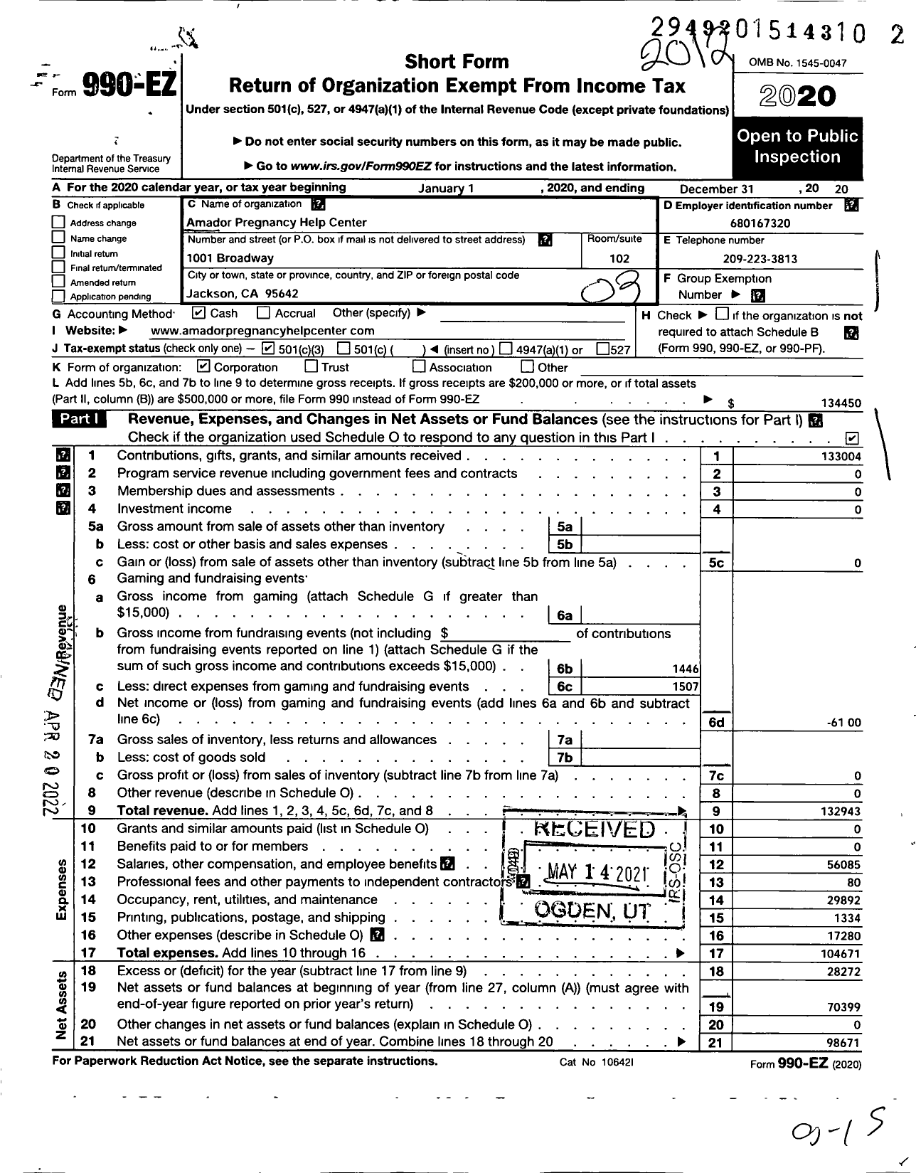 Image of first page of 2020 Form 990EZ for Amador Pregnancy Help Center