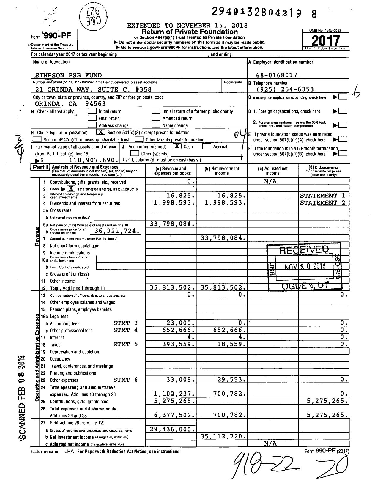 Image of first page of 2017 Form 990PF for Simpson Psb Fund