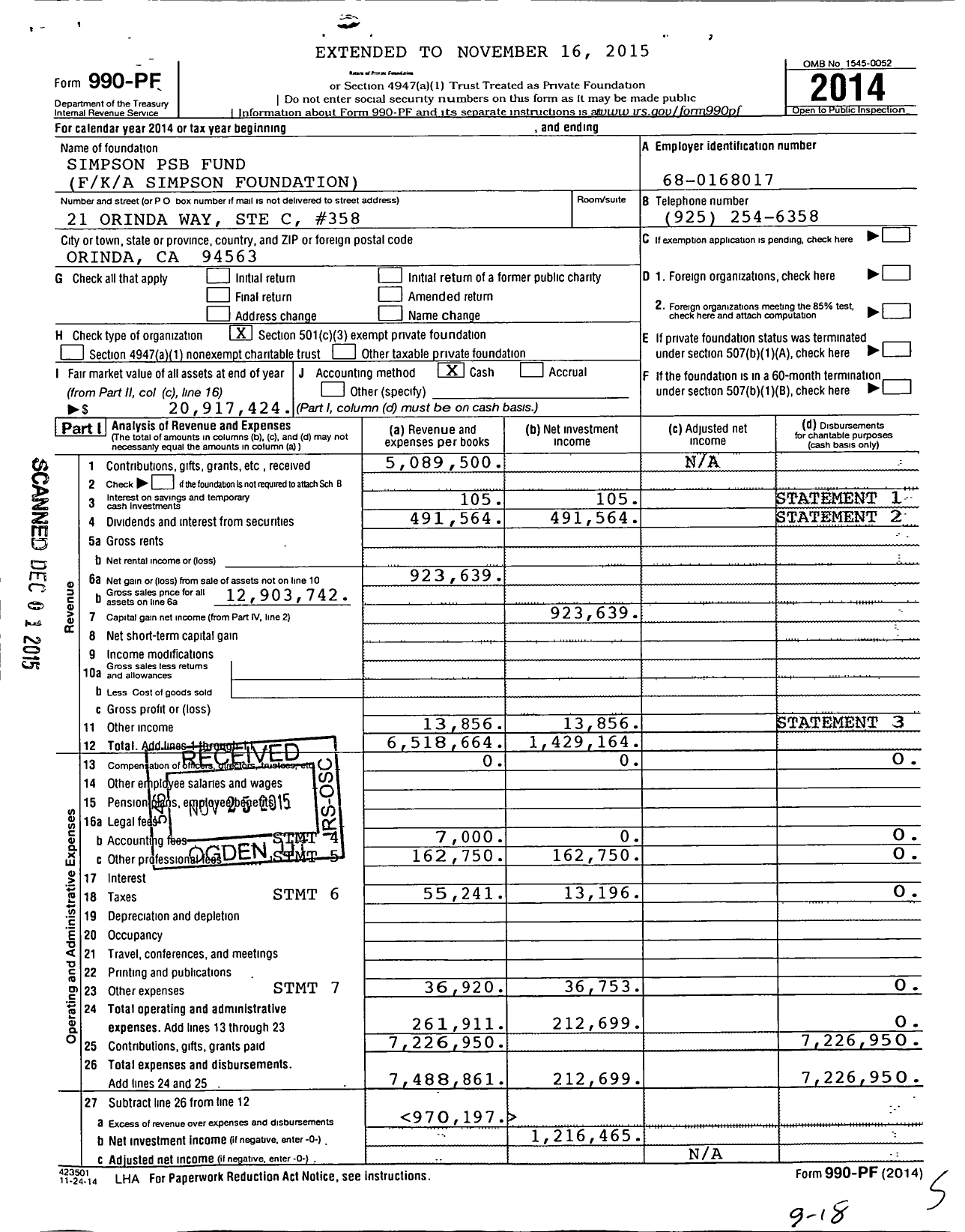 Image of first page of 2014 Form 990PF for Simpson Psb Fund