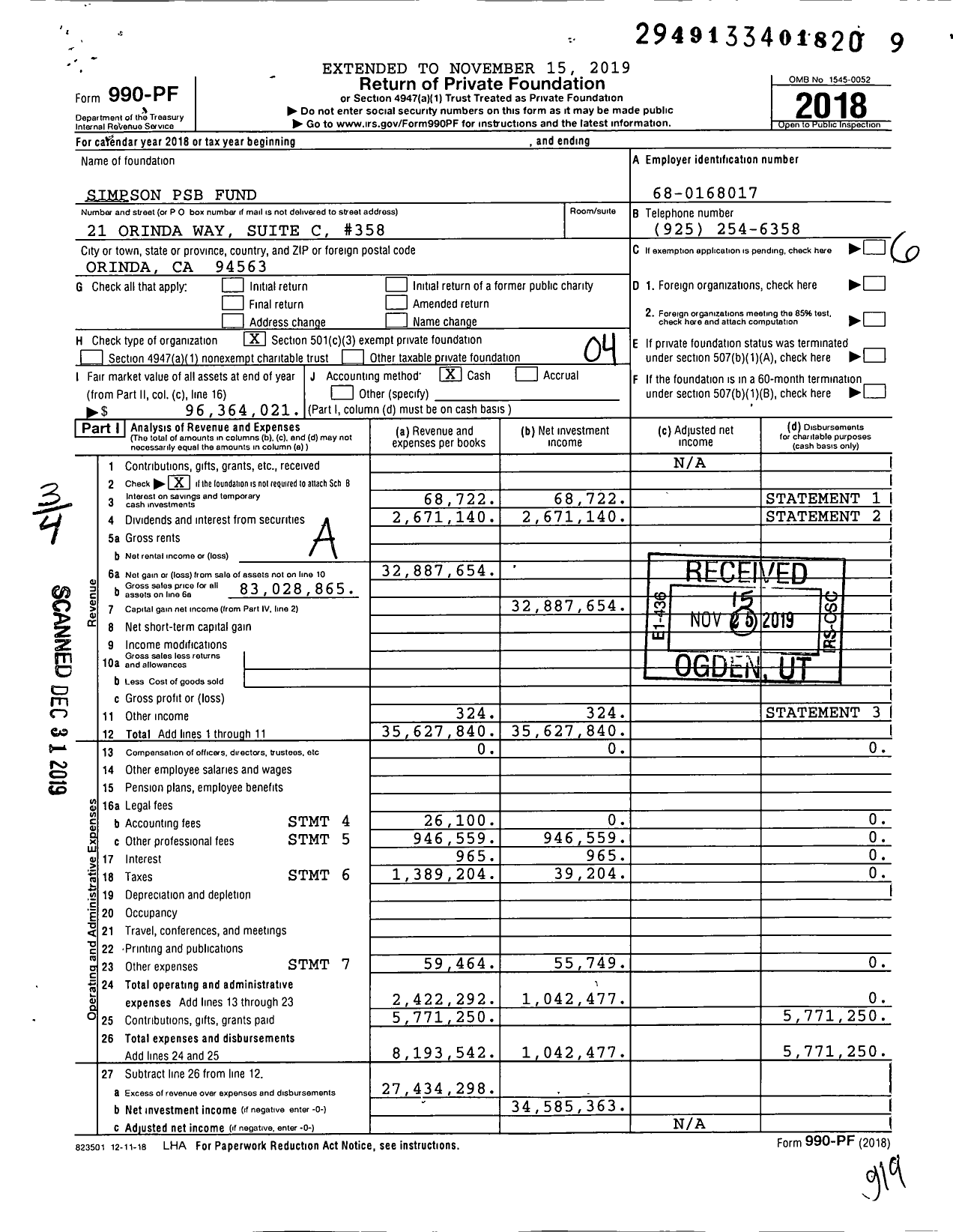 Image of first page of 2018 Form 990PF for Simpson Psb Fund