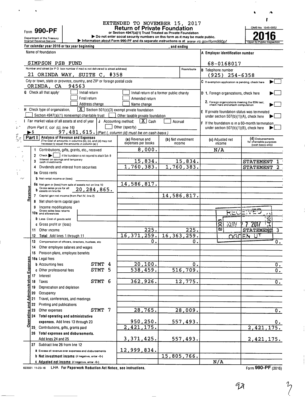 Image of first page of 2016 Form 990PF for Simpson Psb Fund