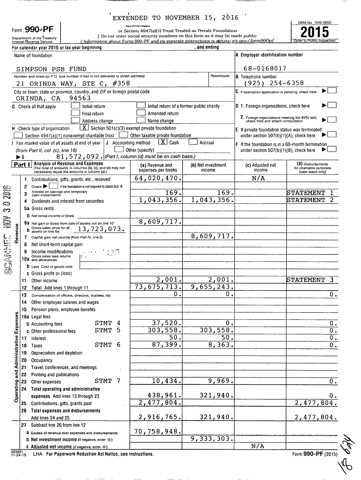 Image of first page of 2015 Form 990PF for Simpson Psb Fund