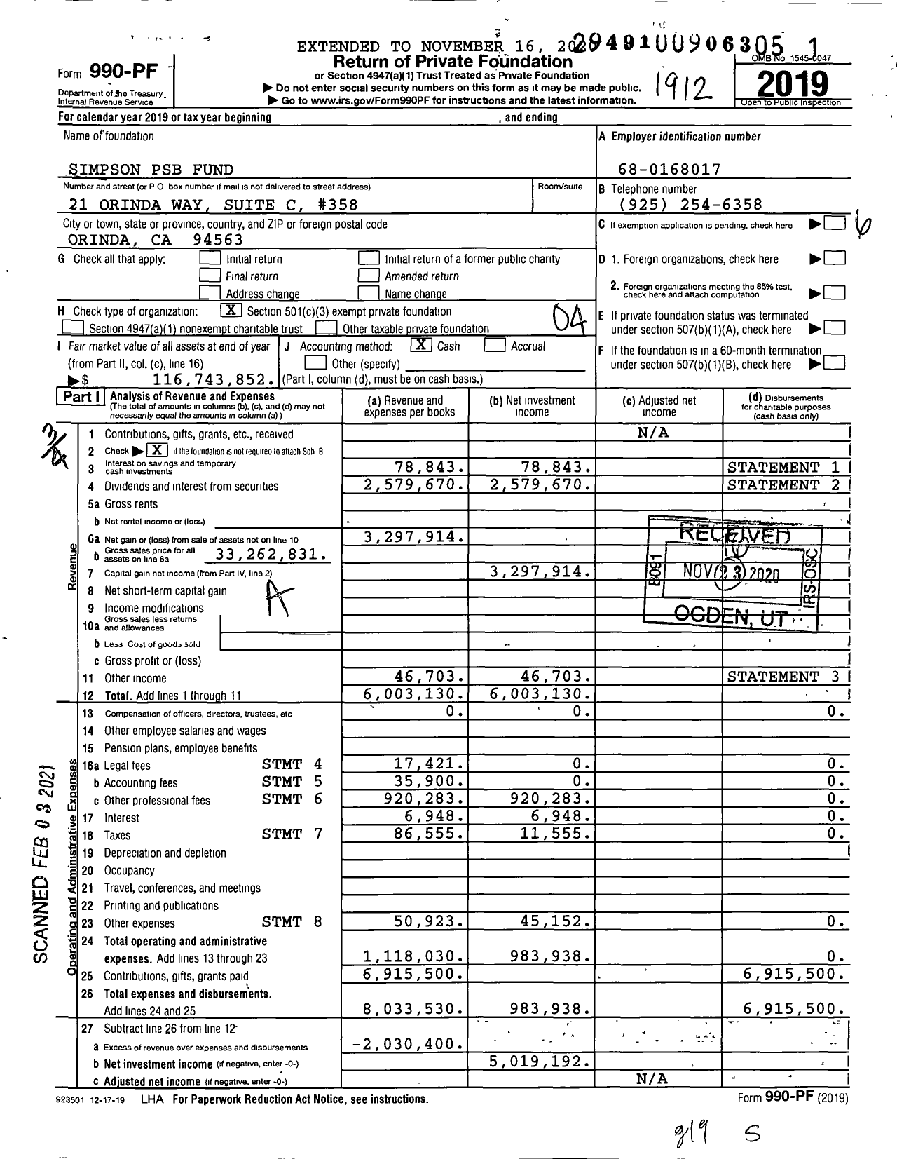 Image of first page of 2019 Form 990PF for Simpson Psb Fund