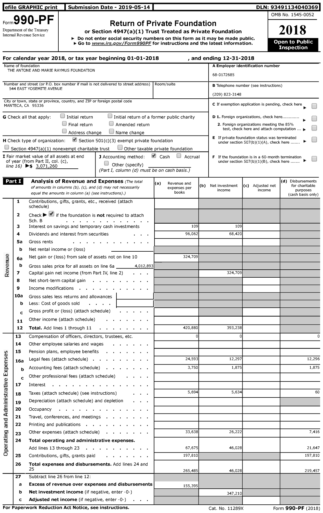 Image of first page of 2018 Form 990PF for The Antone and Marie Raymus Foundation