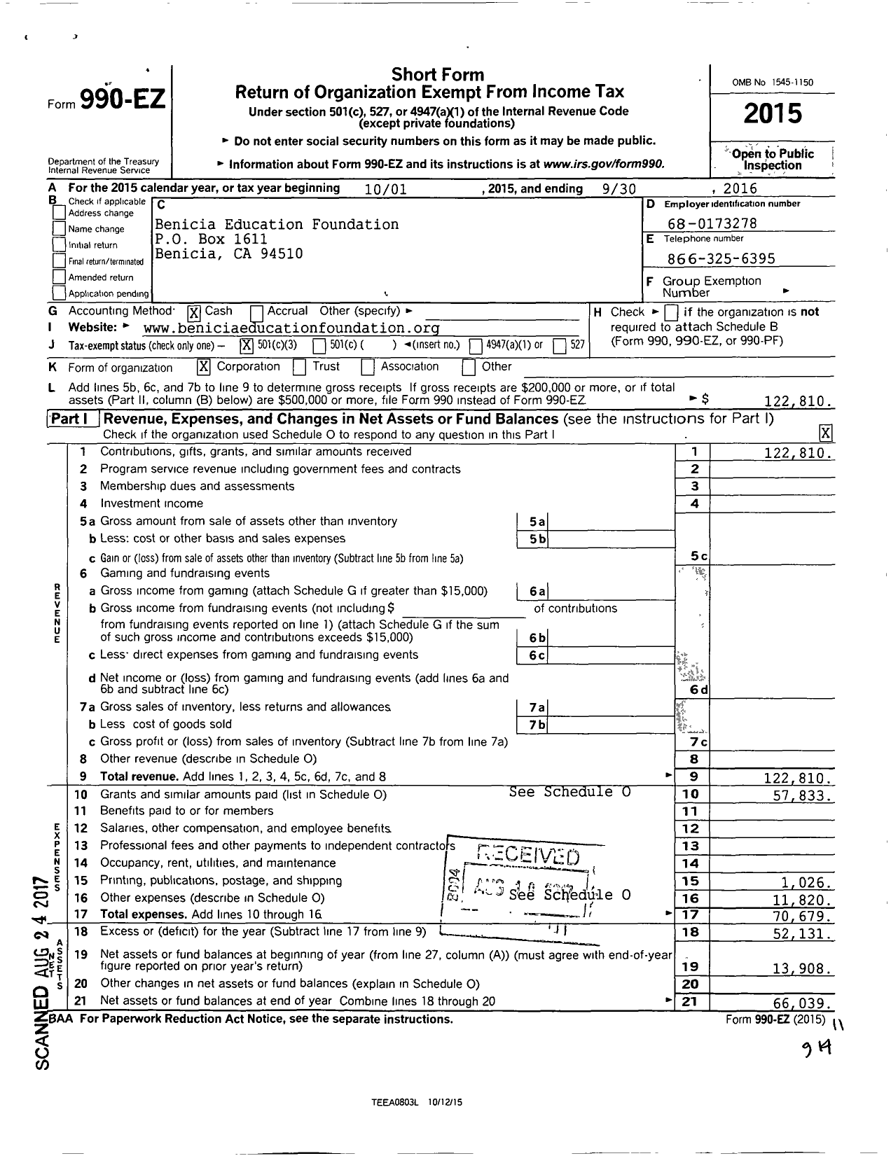 Image of first page of 2015 Form 990EZ for Benicia Education Foundation