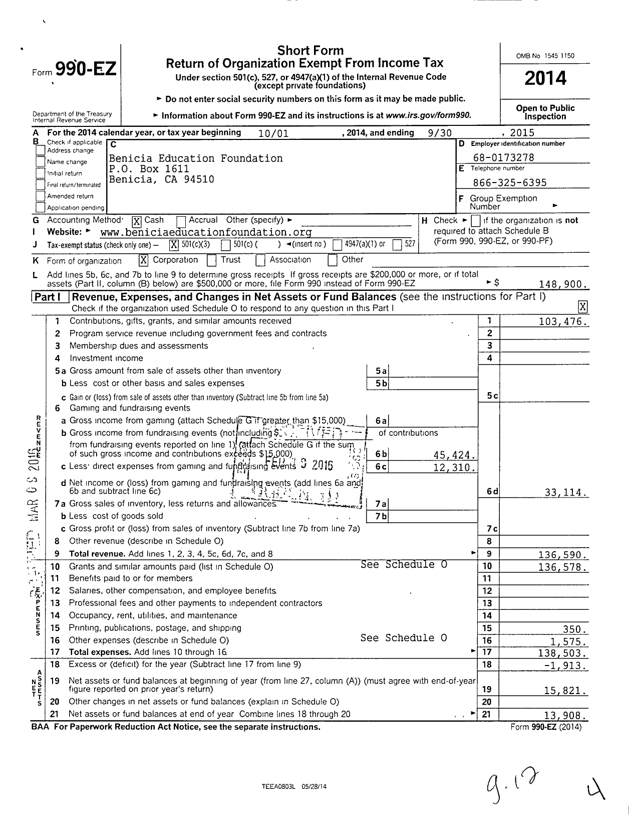 Image of first page of 2014 Form 990EZ for Benicia Education Foundation