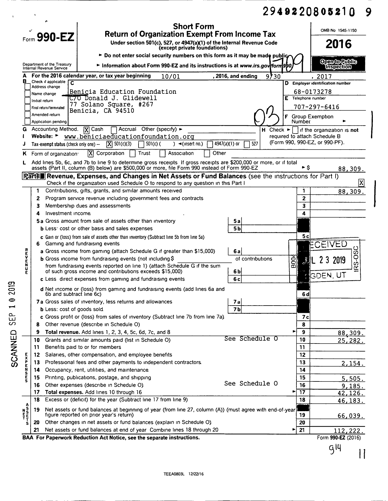 Image of first page of 2016 Form 990EZ for Benicia Education Foundation