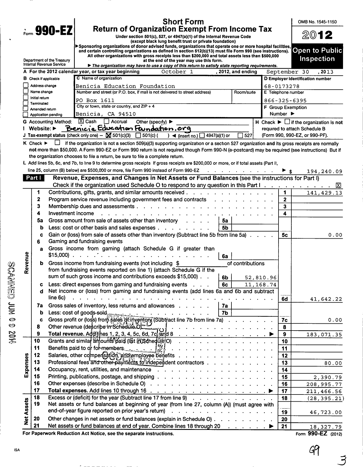 Image of first page of 2012 Form 990EZ for Benicia Education Foundation