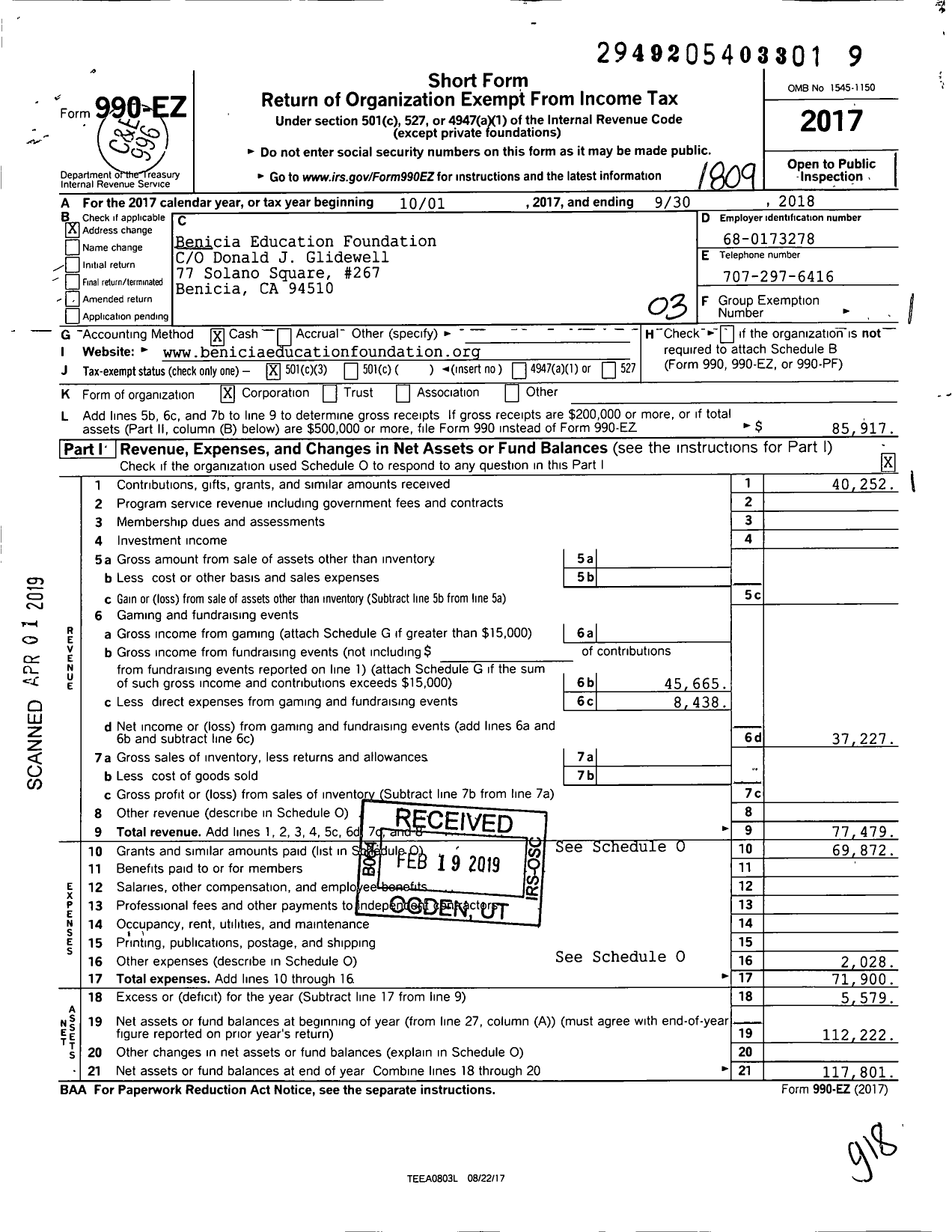 Image of first page of 2017 Form 990EZ for Benicia Education Foundation