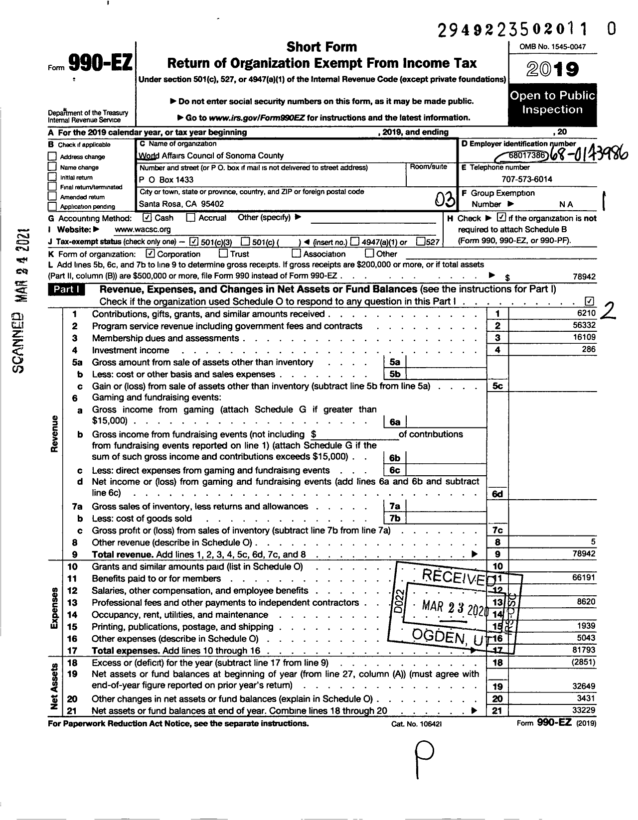 Image of first page of 2019 Form 990EZ for World Affairs Council of Sonoma County