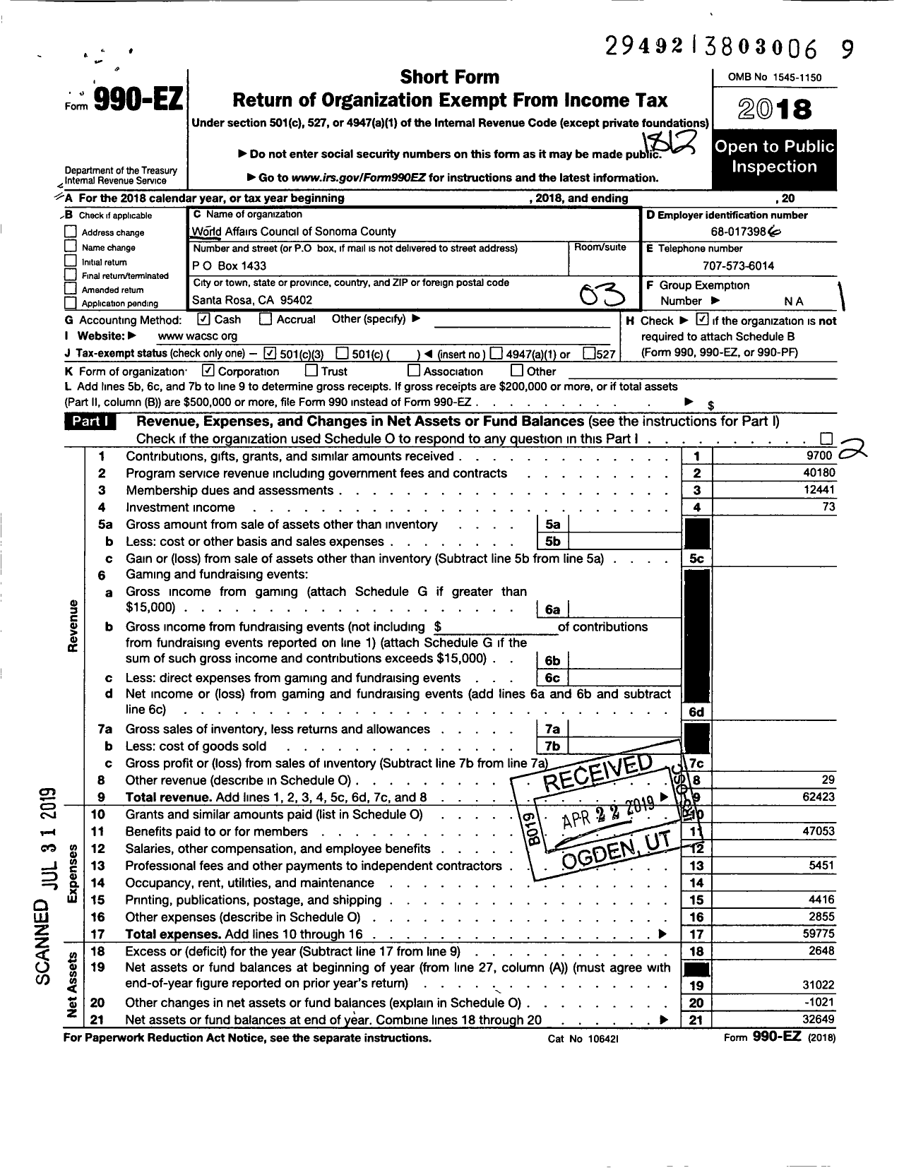 Image of first page of 2018 Form 990EZ for World Affairs Council of Sonoma County