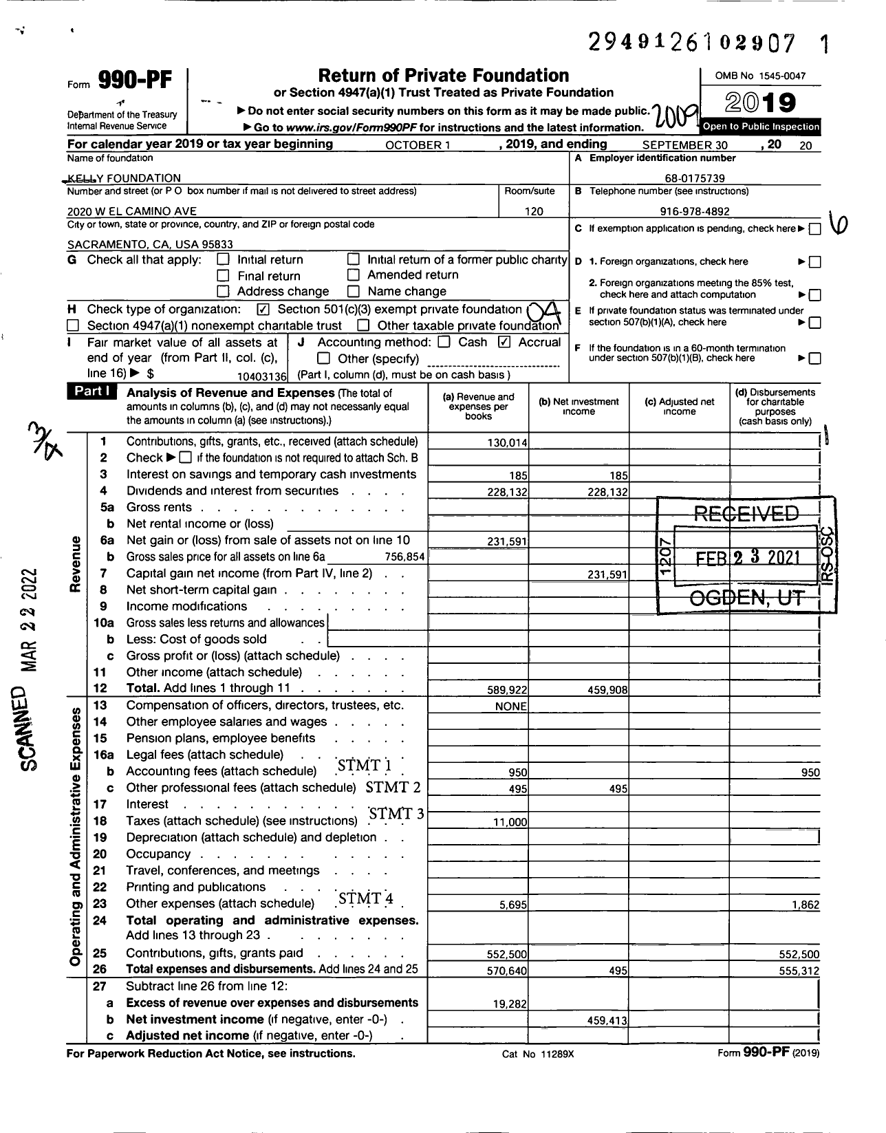 Image of first page of 2019 Form 990PF for Kelly Foundation