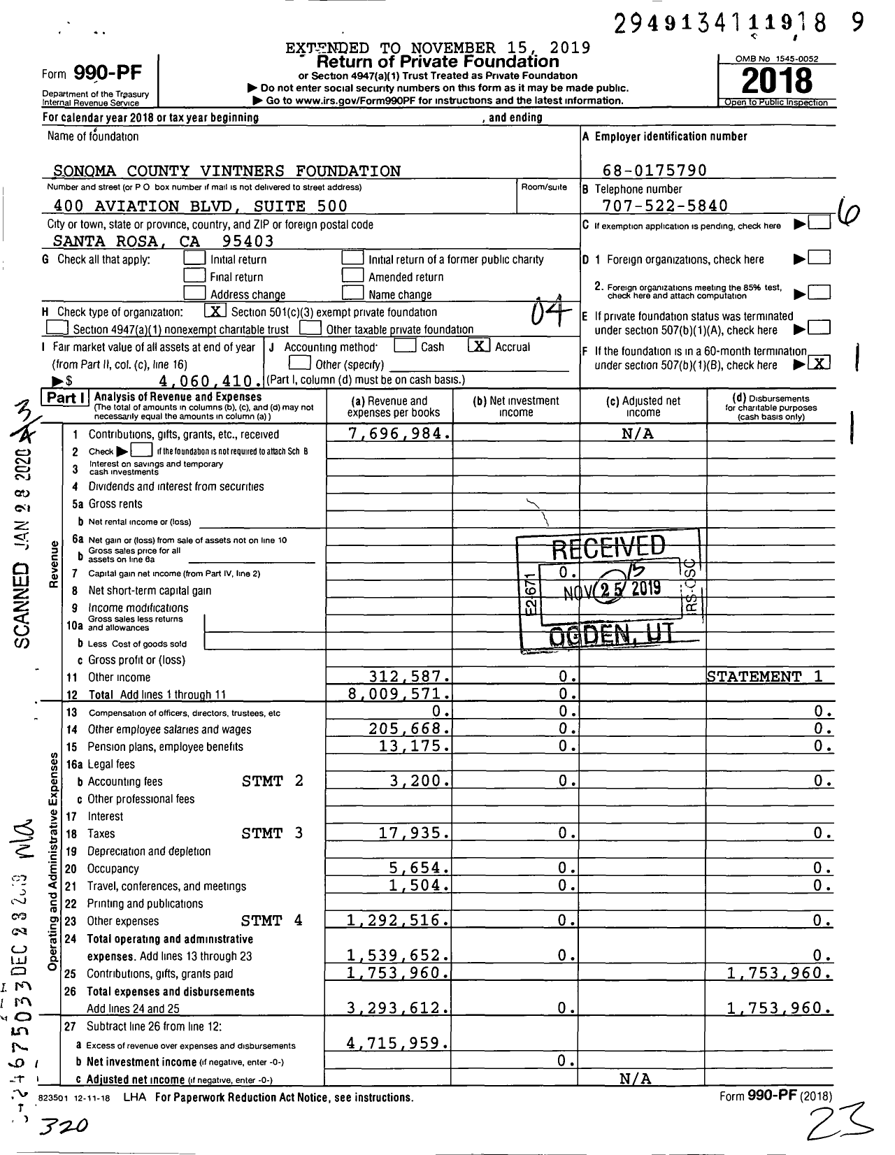 Image of first page of 2018 Form 990PF for Sonoma County Vintners Foundation