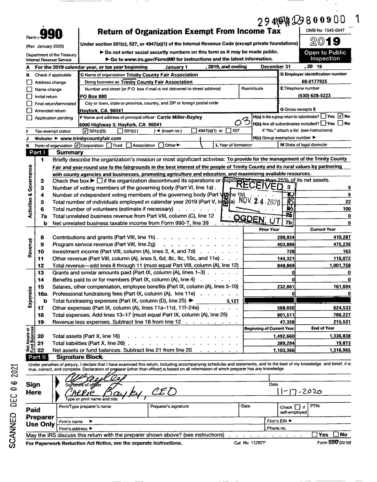 Image of first page of 2019 Form 990 for Trinity County Fair Association