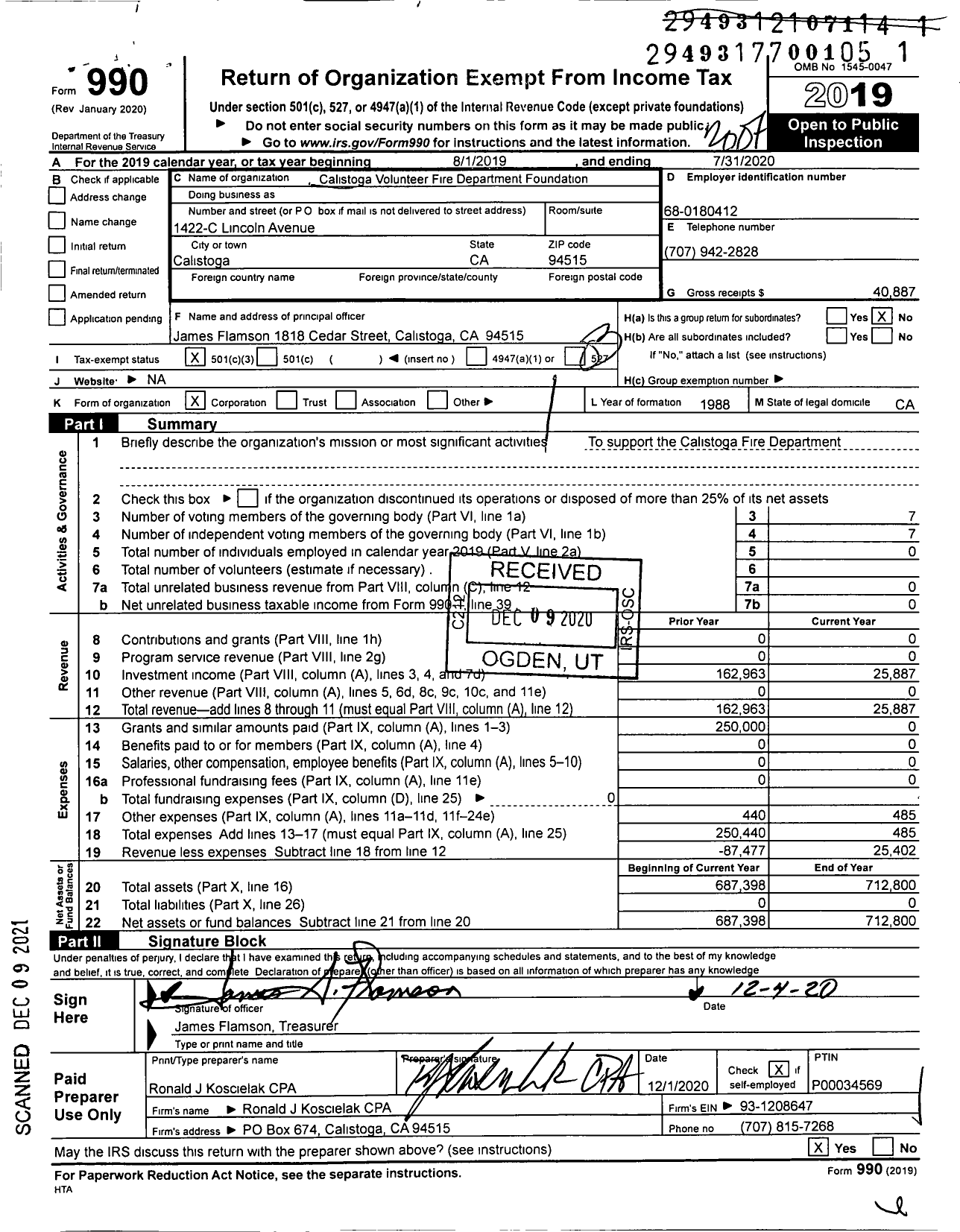 Image of first page of 2019 Form 990 for Calistoga Volunteer Fire Department Foundation