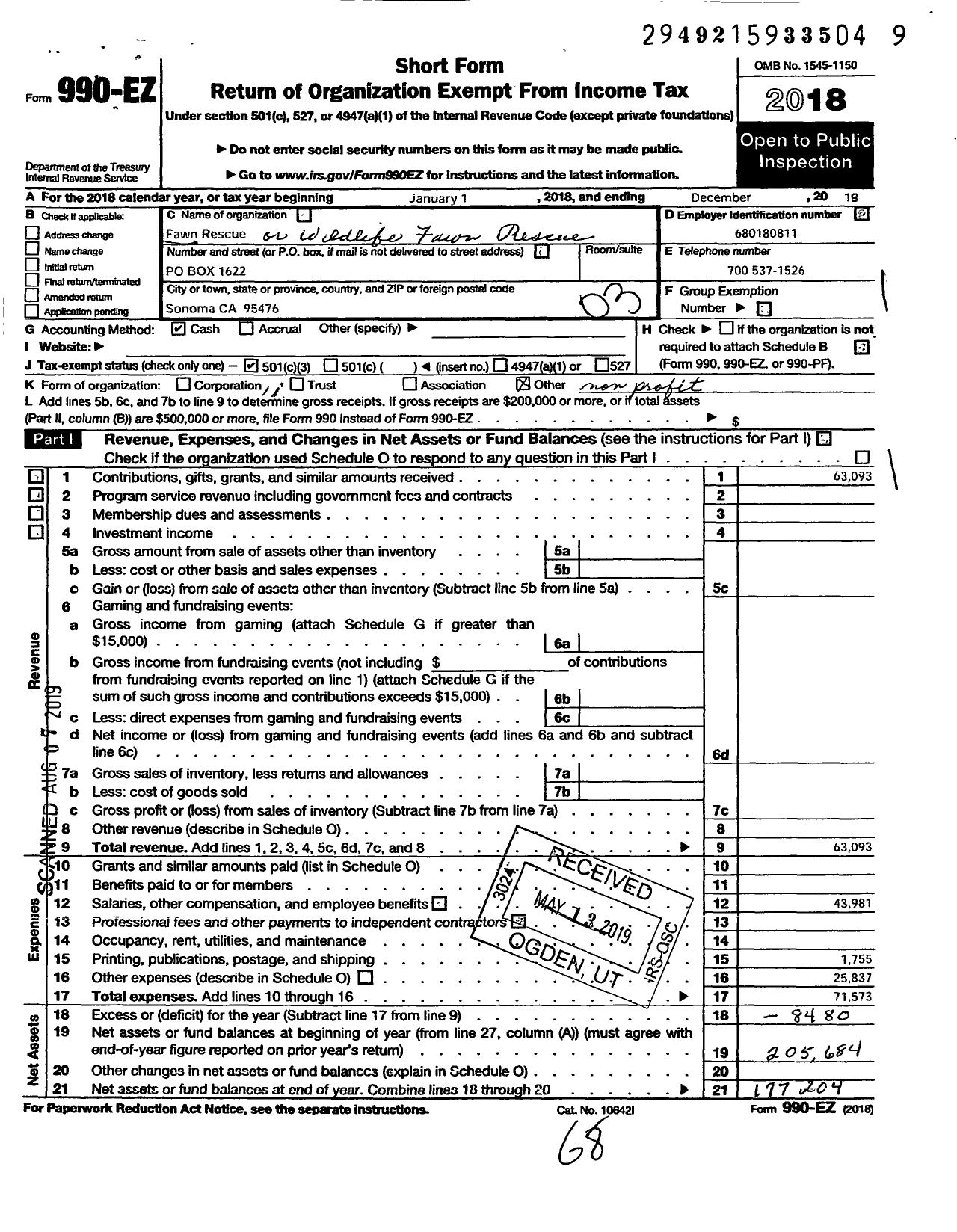 Image of first page of 2018 Form 990EZ for Fawn Rescue