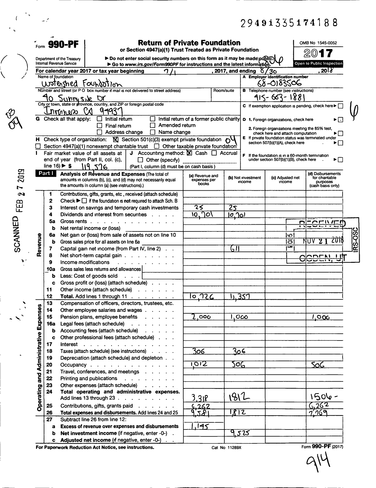 Image of first page of 2017 Form 990PF for Tomales Bay Watershed Foundation