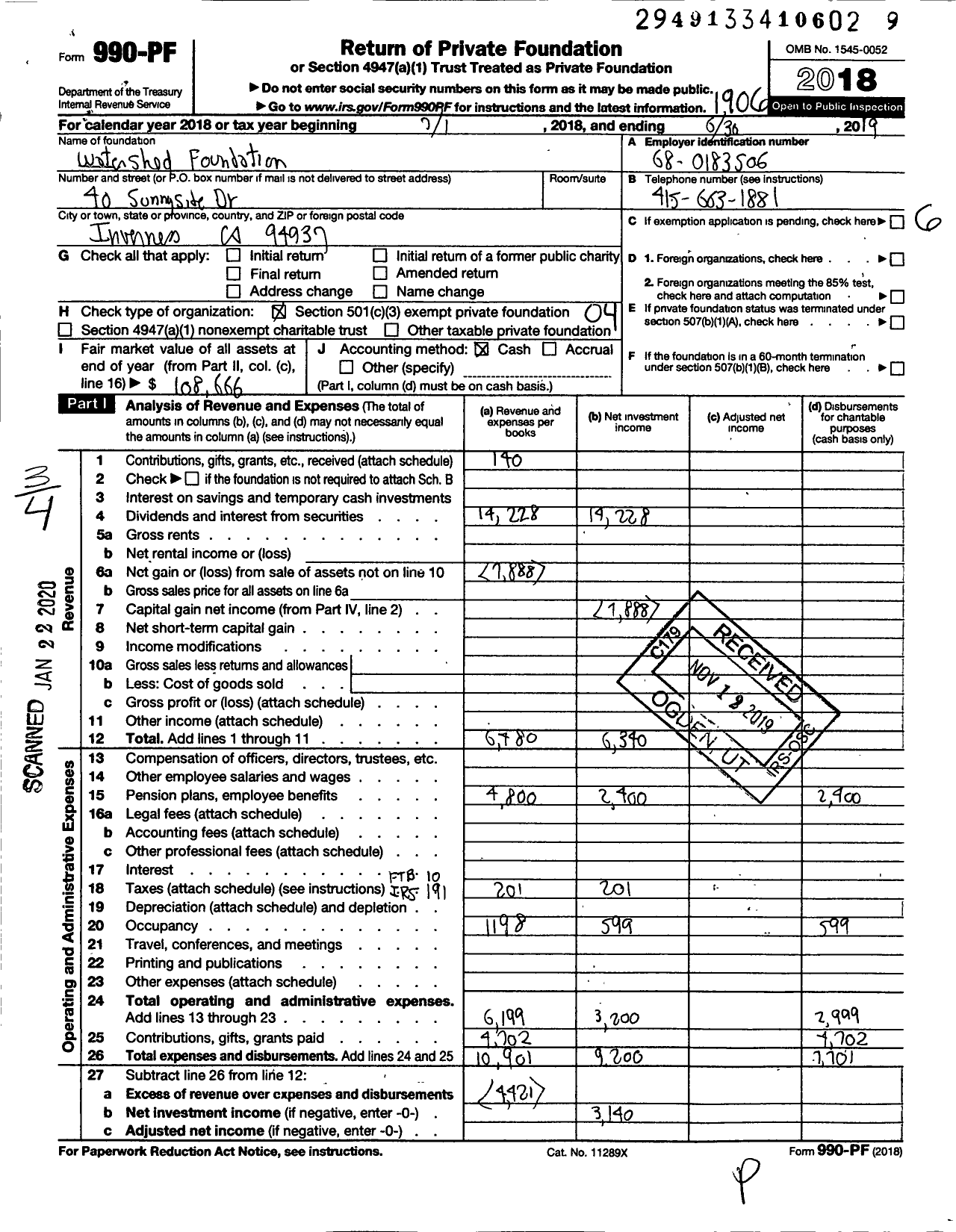 Image of first page of 2018 Form 990PF for Tomales Bay Watershed Foundation