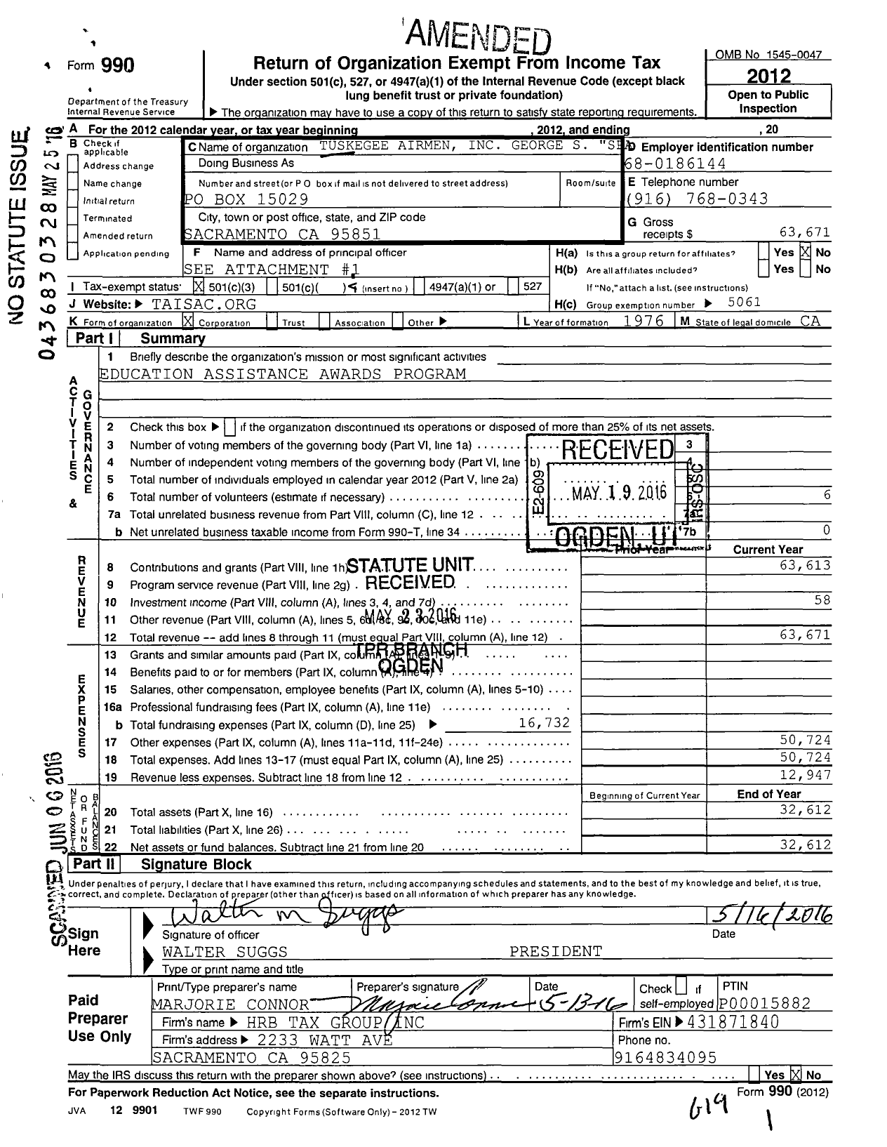 Image of first page of 2012 Form 990 for Tuskegee Airmen / George S Spanky Roberts Chapter