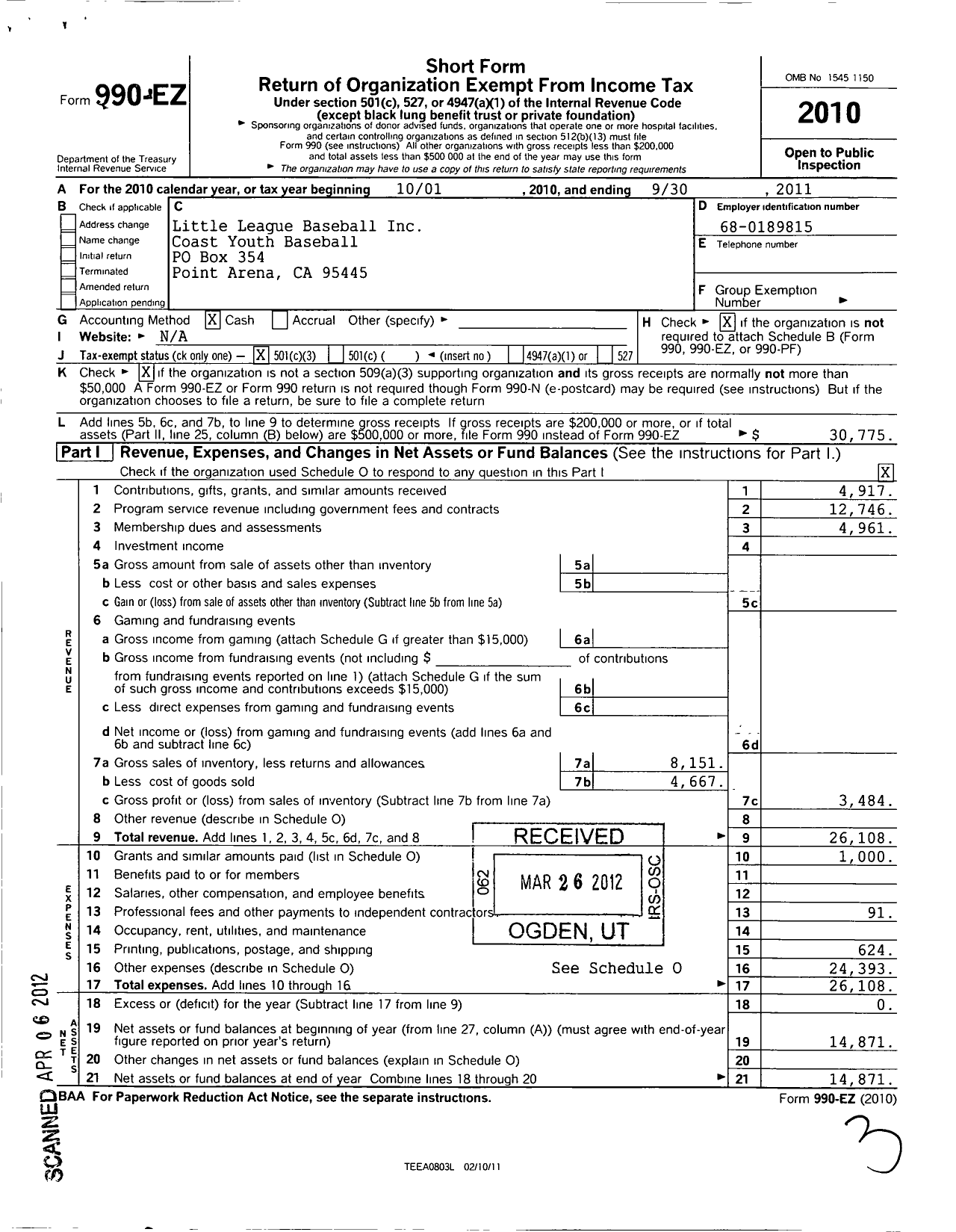 Image of first page of 2010 Form 990EZ for Little League Baseball - 4053509 Coast Youth Baseball LL