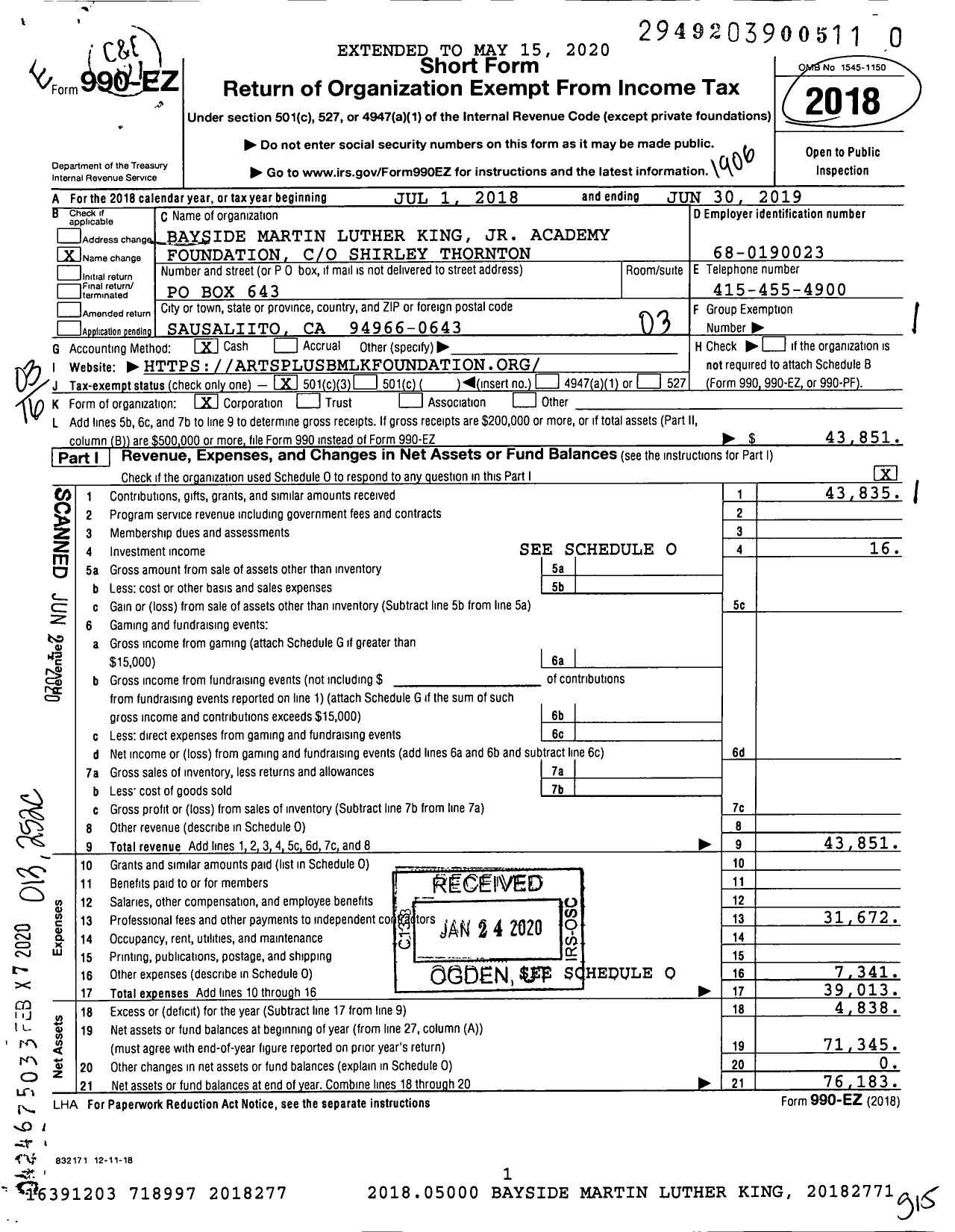 Image of first page of 2018 Form 990EZ for Arts Scholars Foundation