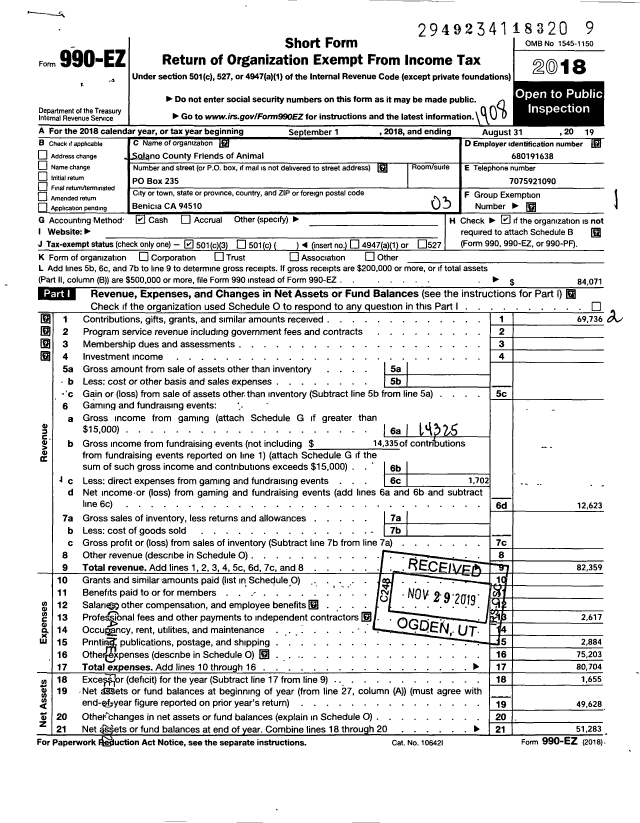Image of first page of 2018 Form 990EZ for Solano County Friends of Animals