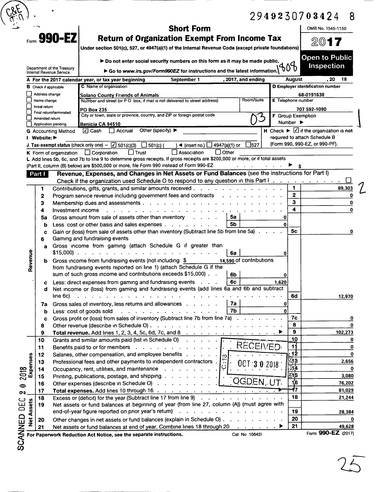 Image of first page of 2017 Form 990EZ for Solano County Friends of Animals