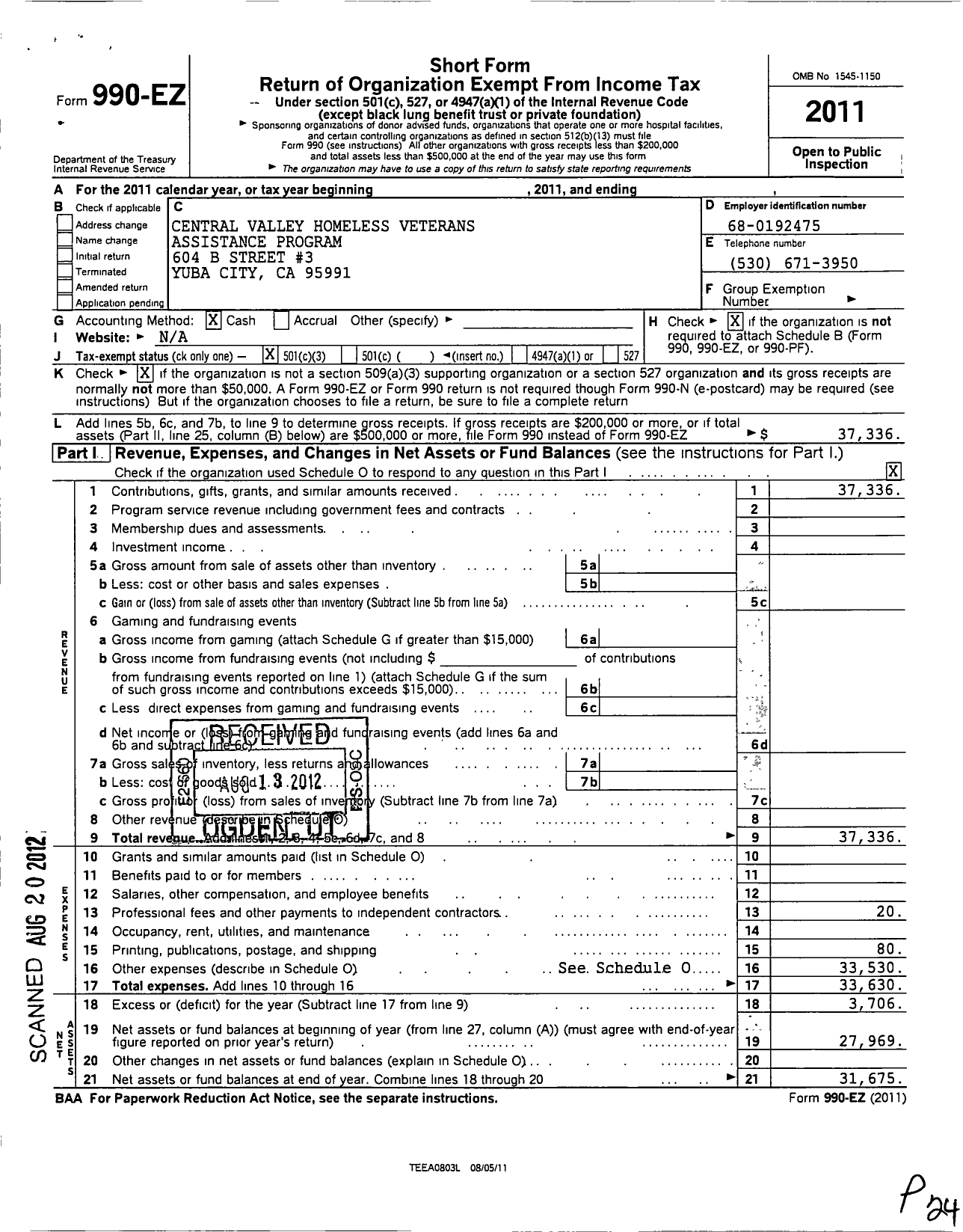 Image of first page of 2011 Form 990EZ for Central Valley Homeless Veterans Assistance Program