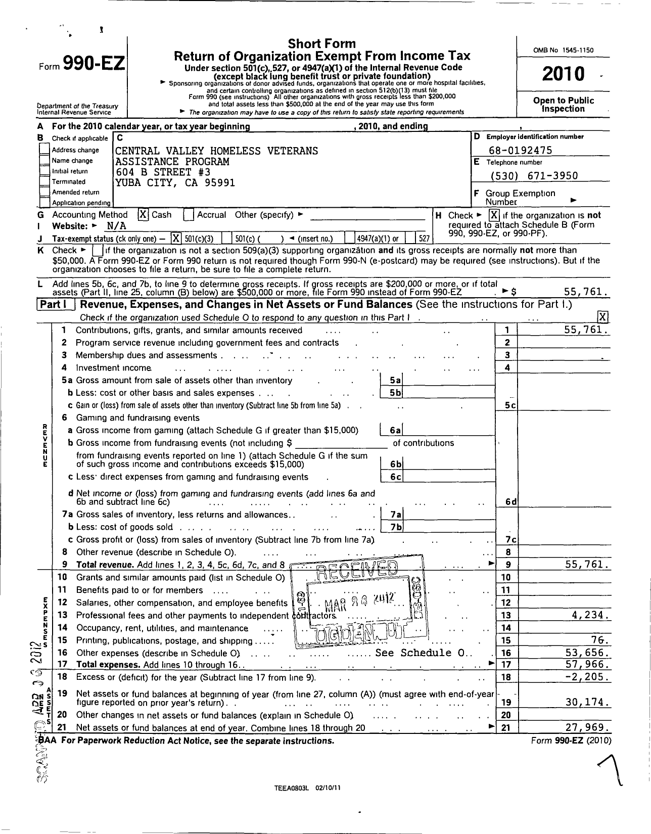 Image of first page of 2010 Form 990EZ for Central Valley Homeless Veterans Assistance Program