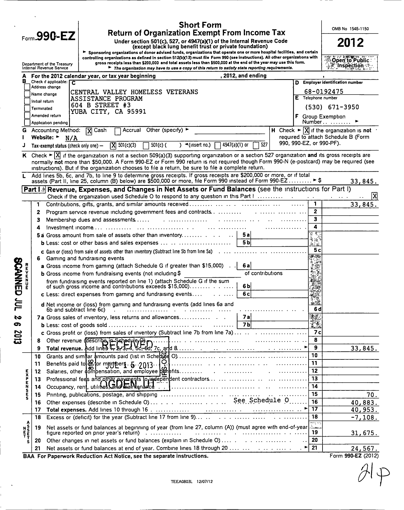 Image of first page of 2012 Form 990EZ for Central Valley Homeless Veterans Assistance Program