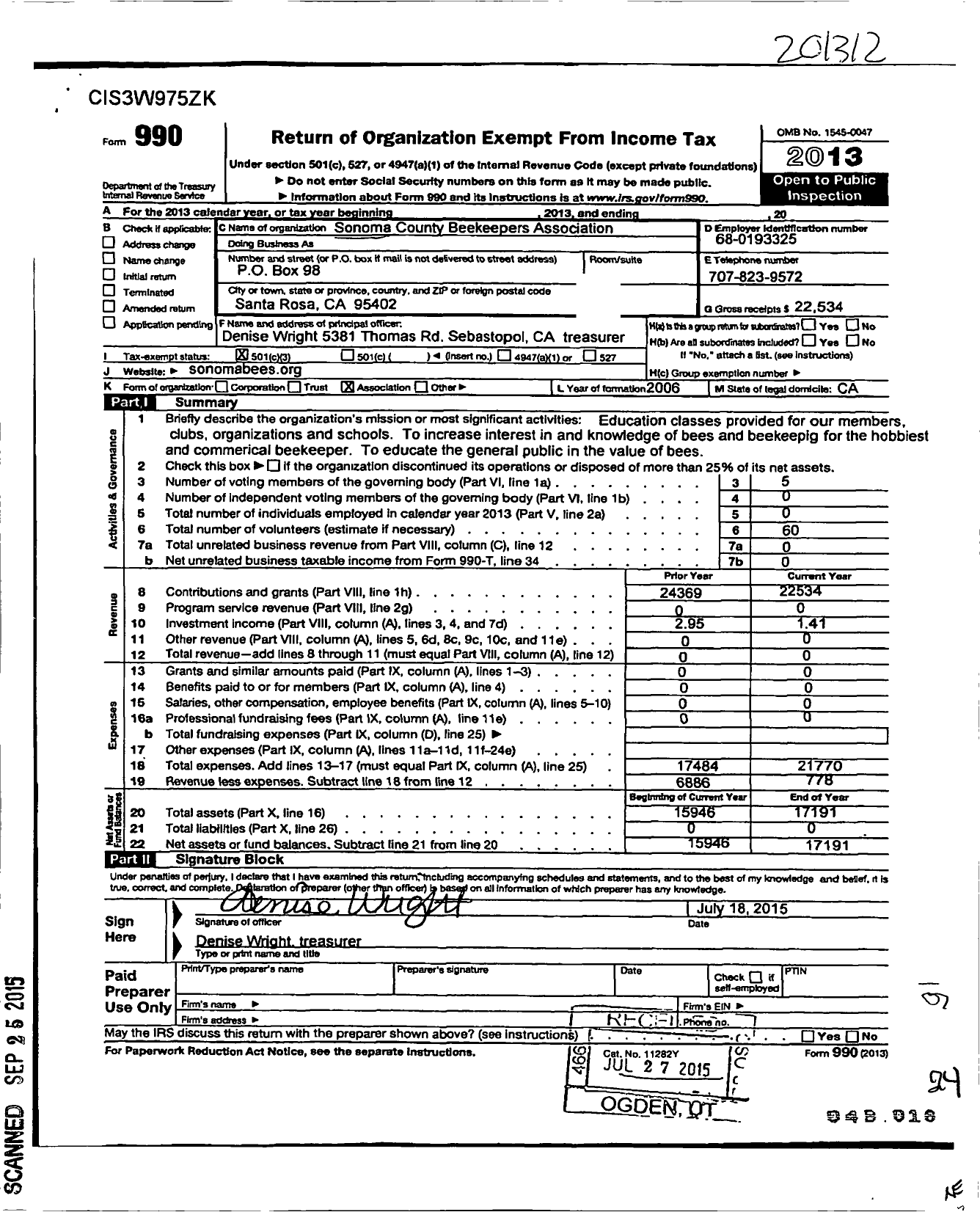 Image of first page of 2013 Form 990 for Sonoma County Beekeepers Association