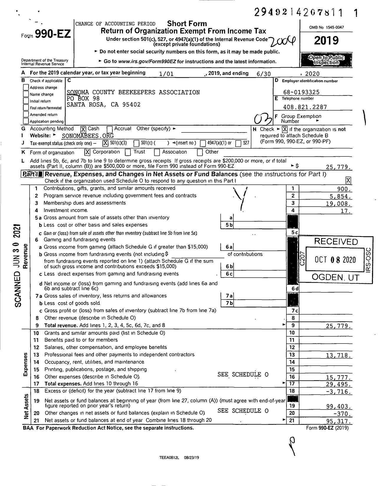 Image of first page of 2019 Form 990EZ for Sonoma County Beekeepers Association