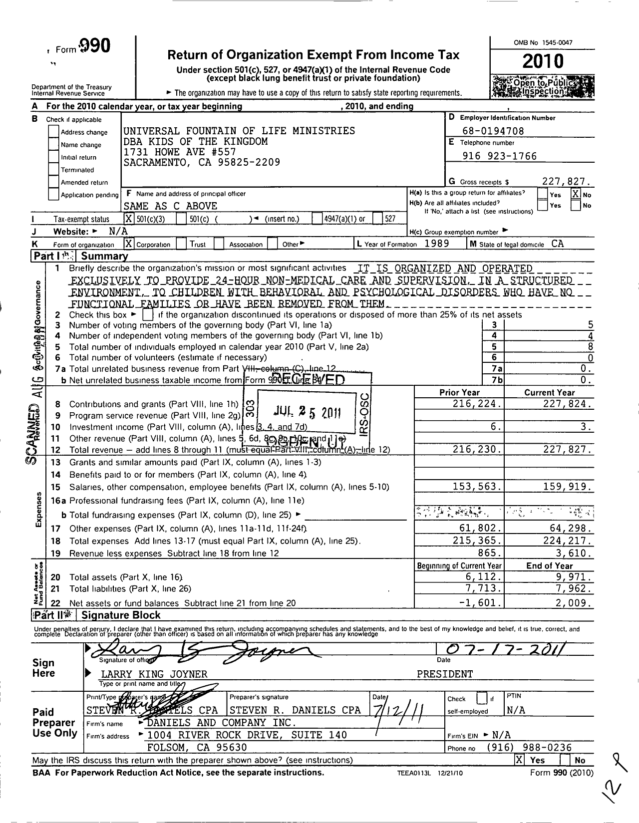 Image of first page of 2010 Form 990 for Universal Fountain of Life Ministries