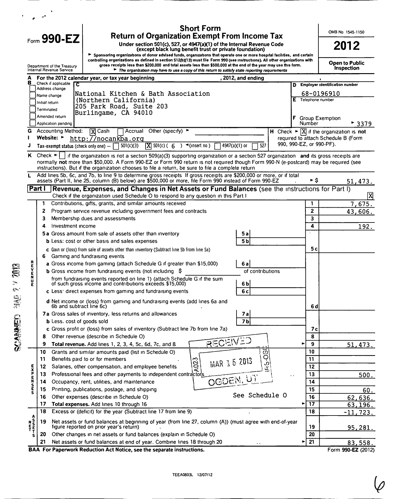 Image of first page of 2012 Form 990EO for National Kitchen and Bath Association / Northern California Chapter