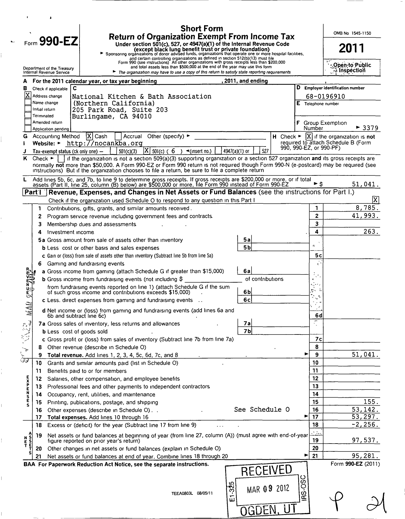 Image of first page of 2011 Form 990EO for National Kitchen and Bath Association / Northern California Chapter