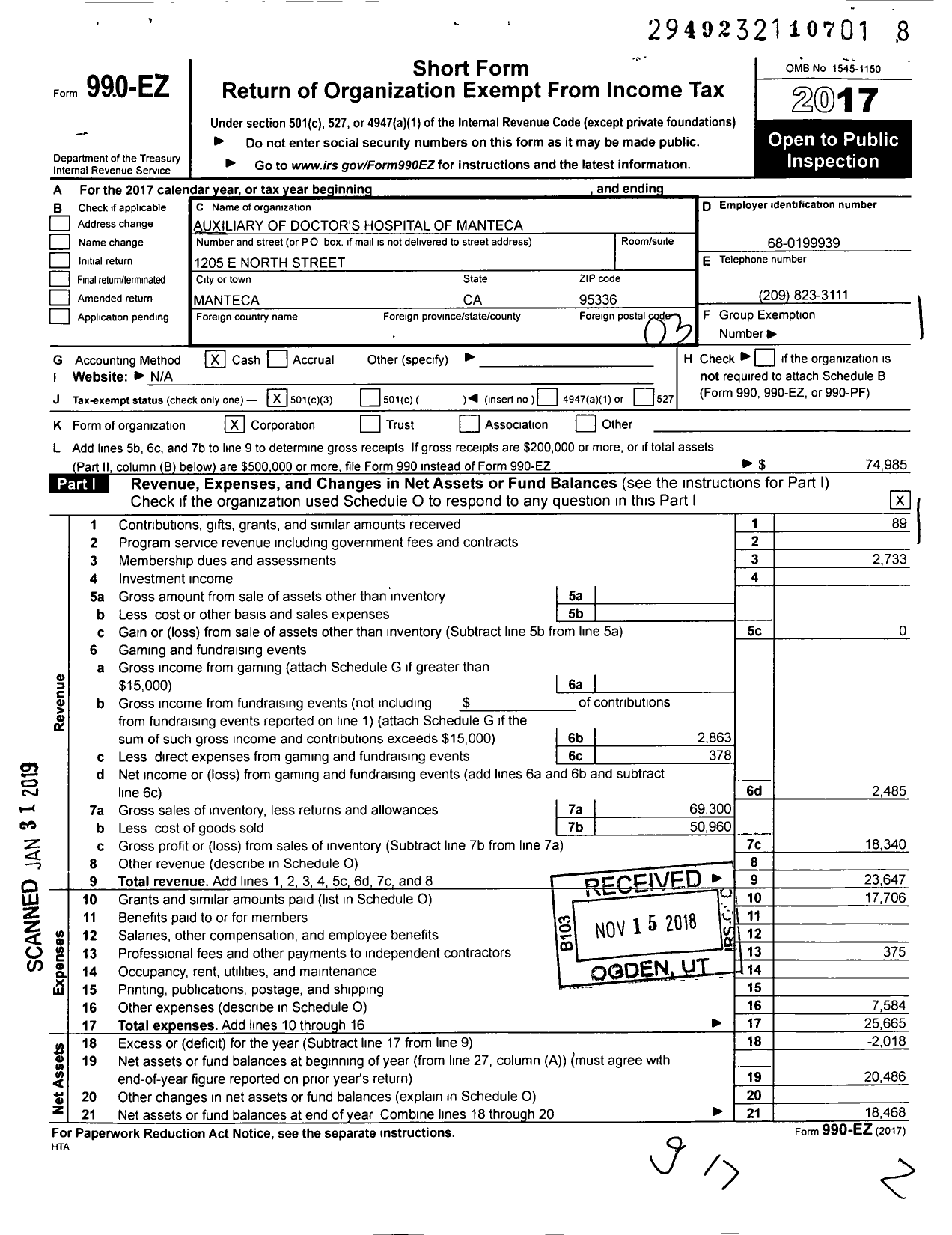 Image of first page of 2017 Form 990EZ for Auxiliary of Doctors Hospital of Manteca