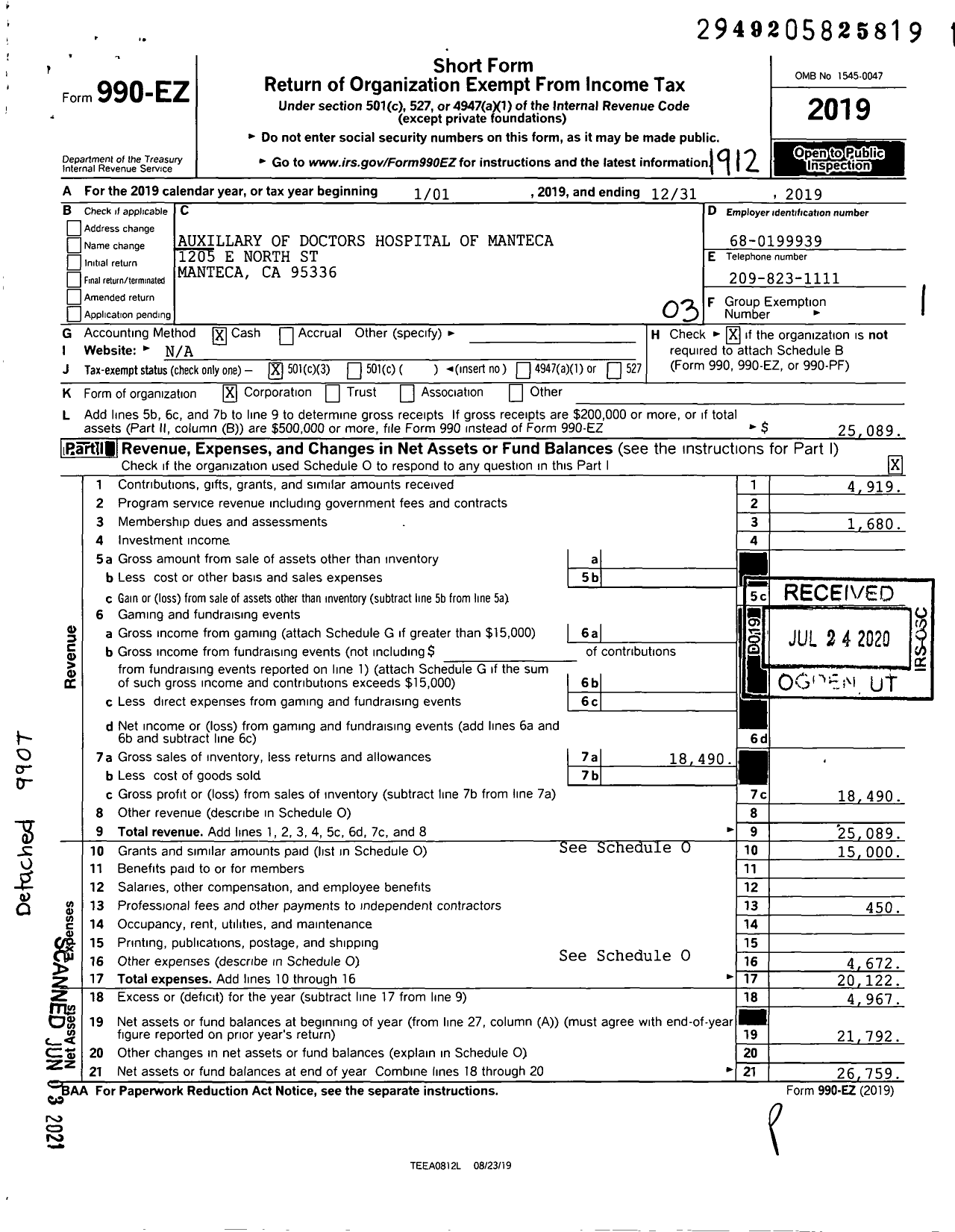 Image of first page of 2019 Form 990EZ for Auxiliary of Doctors Hospital of Manteca