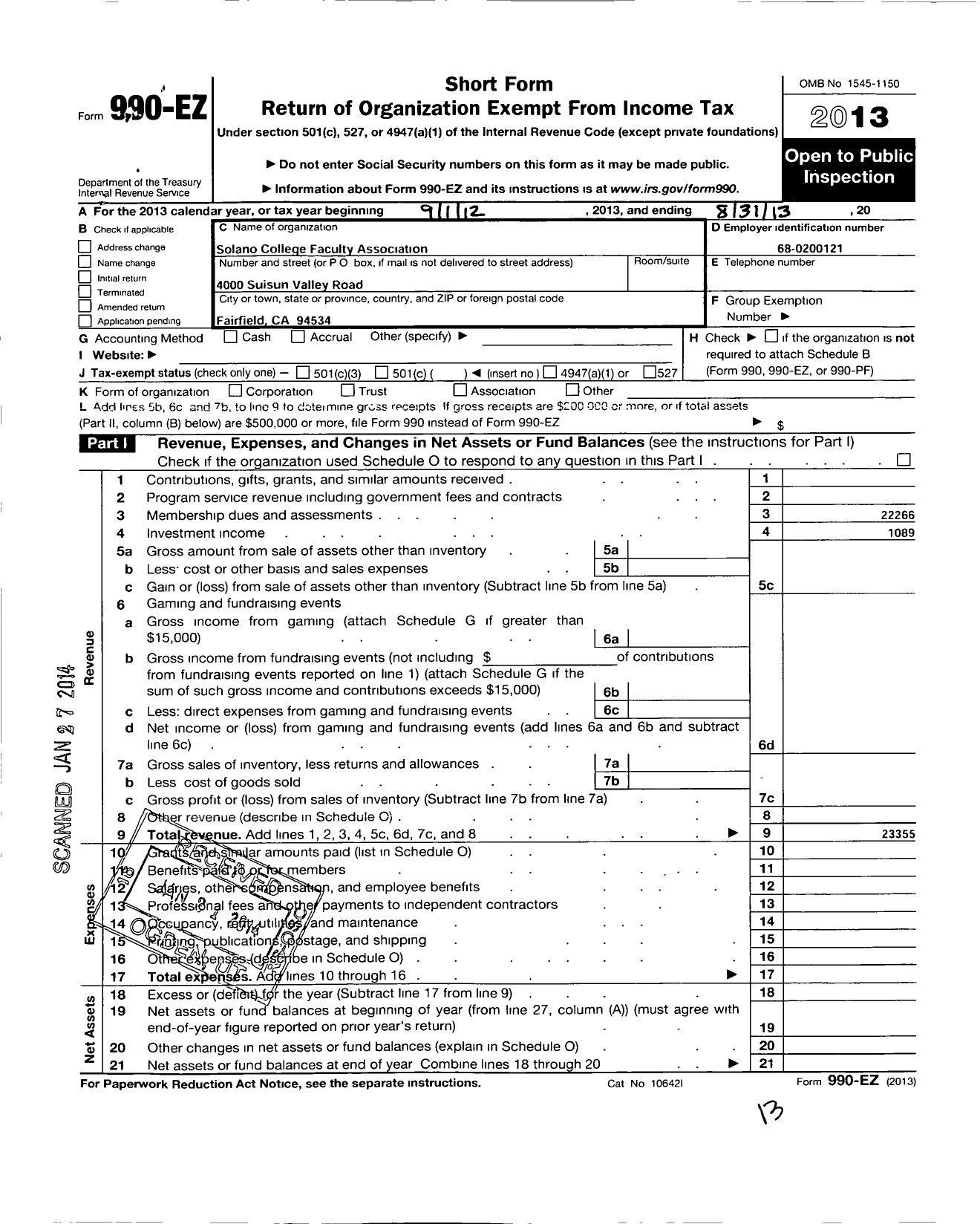 Image of first page of 2012 Form 990EO for California Teachers Association - Solano College Chapt Cta