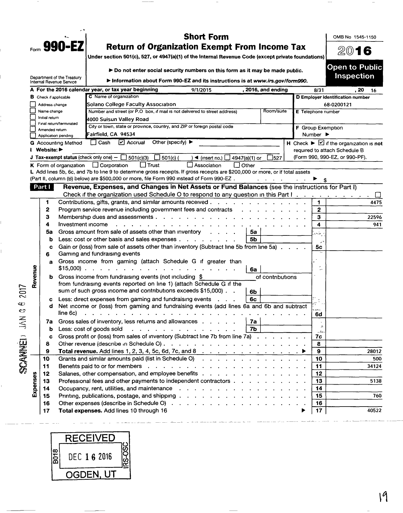 Image of first page of 2015 Form 990EO for California Teachers Association - Solano College Chapt Cta