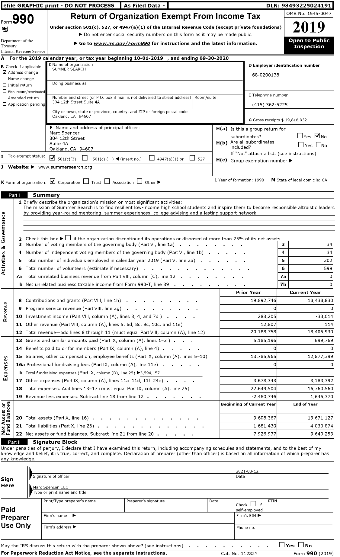 Image of first page of 2019 Form 990 for Summer Search