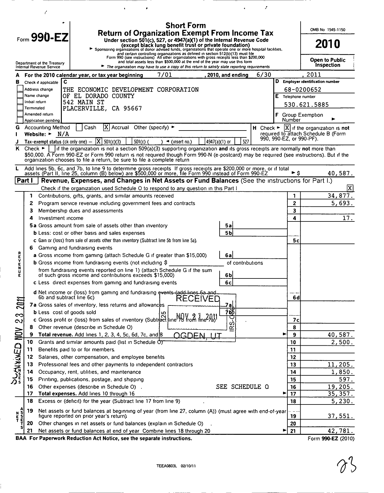 Image of first page of 2010 Form 990EZ for The Economic Development Corporation of El Dorado County