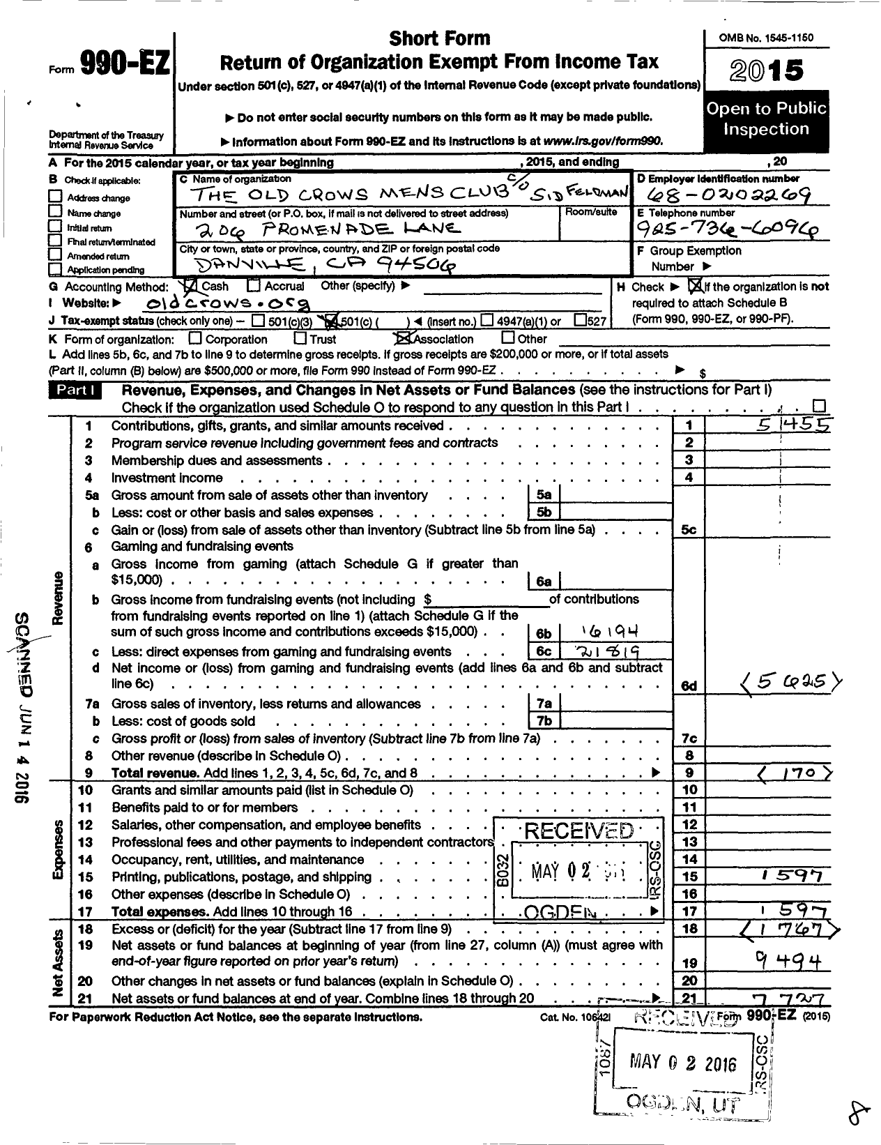 Image of first page of 2015 Form 990EO for Crows Mens Club