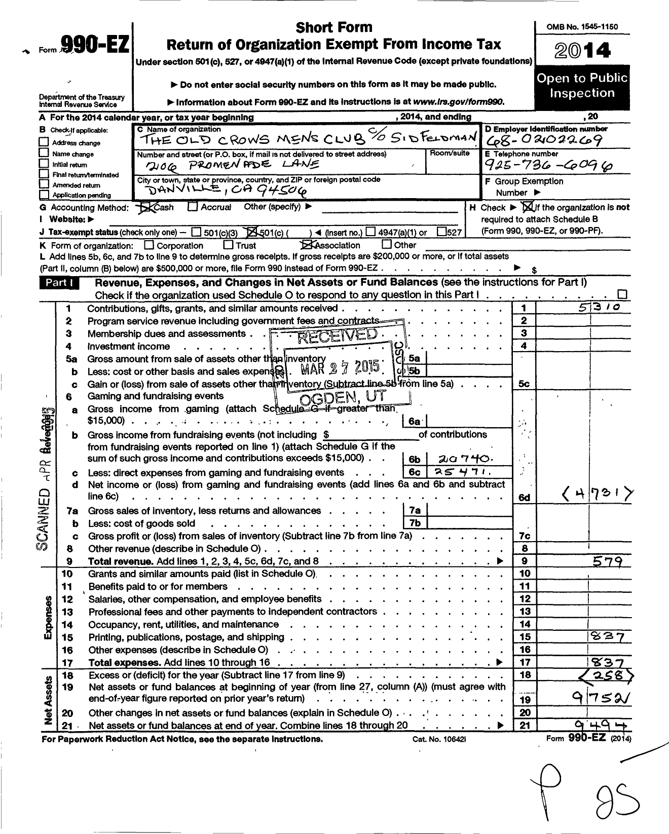 Image of first page of 2014 Form 990EO for Crows Mens Club