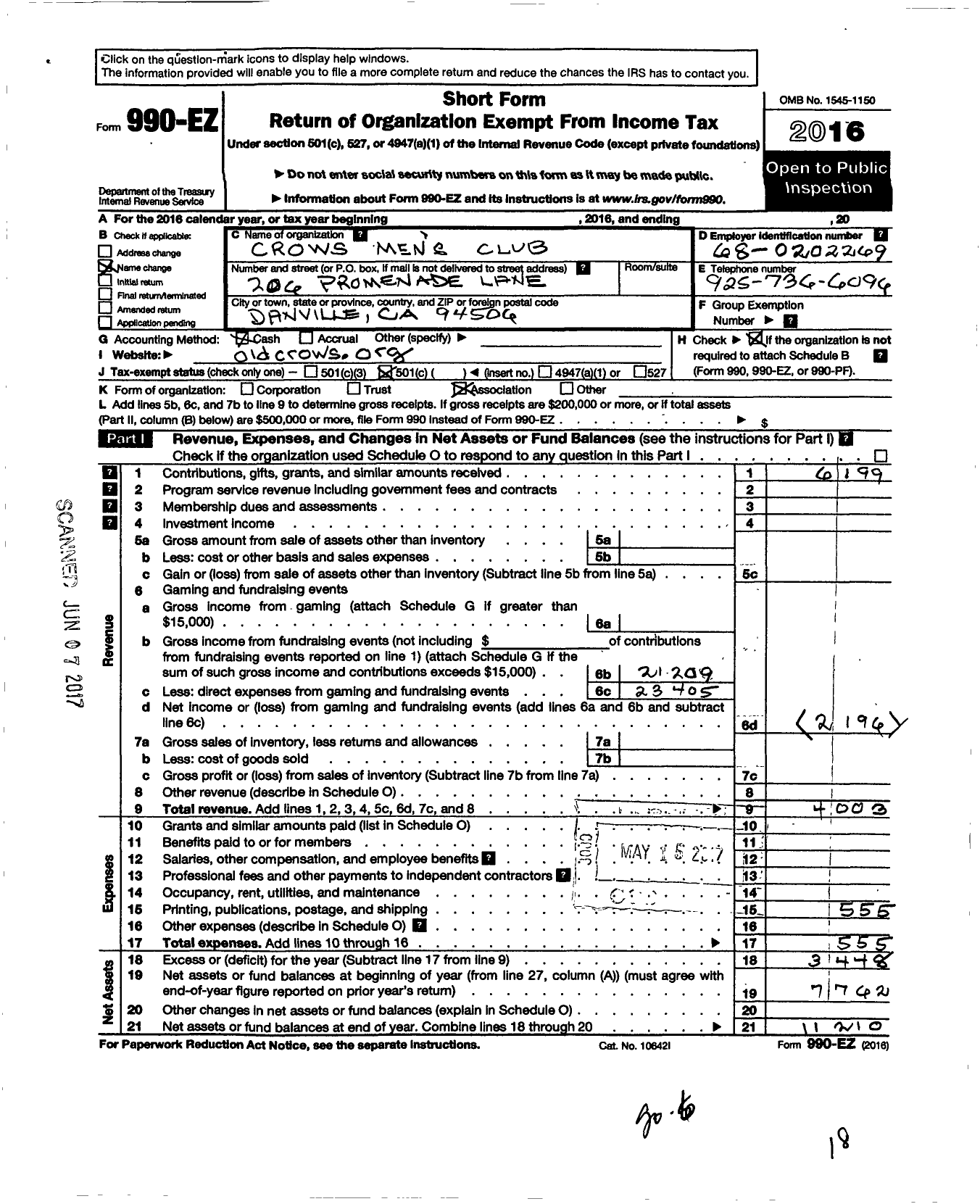 Image of first page of 2016 Form 990EO for Crows Mens Club