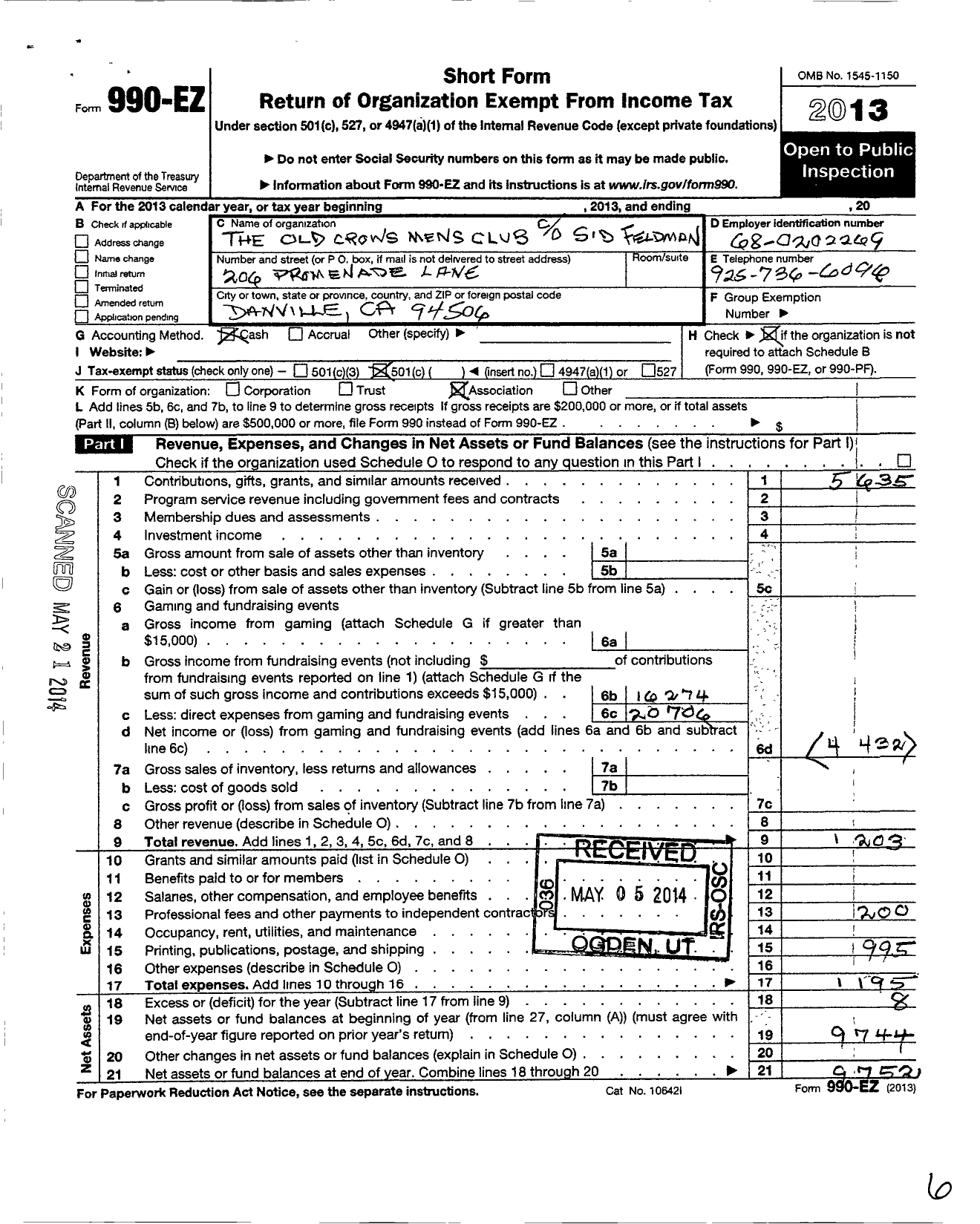 Image of first page of 2013 Form 990EO for Crows Mens Club